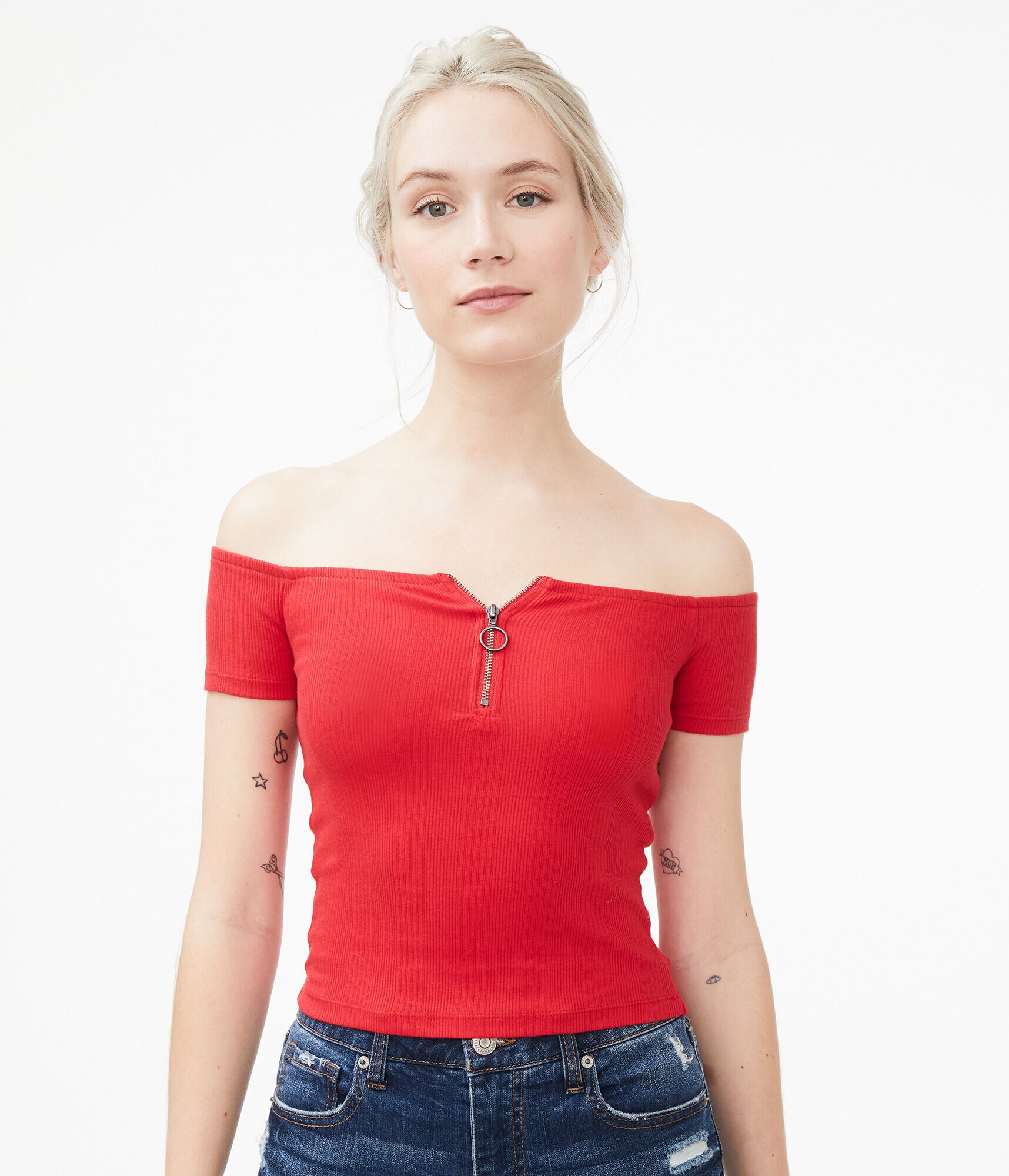 Off-The-Shoulder Zip Bodycon Top