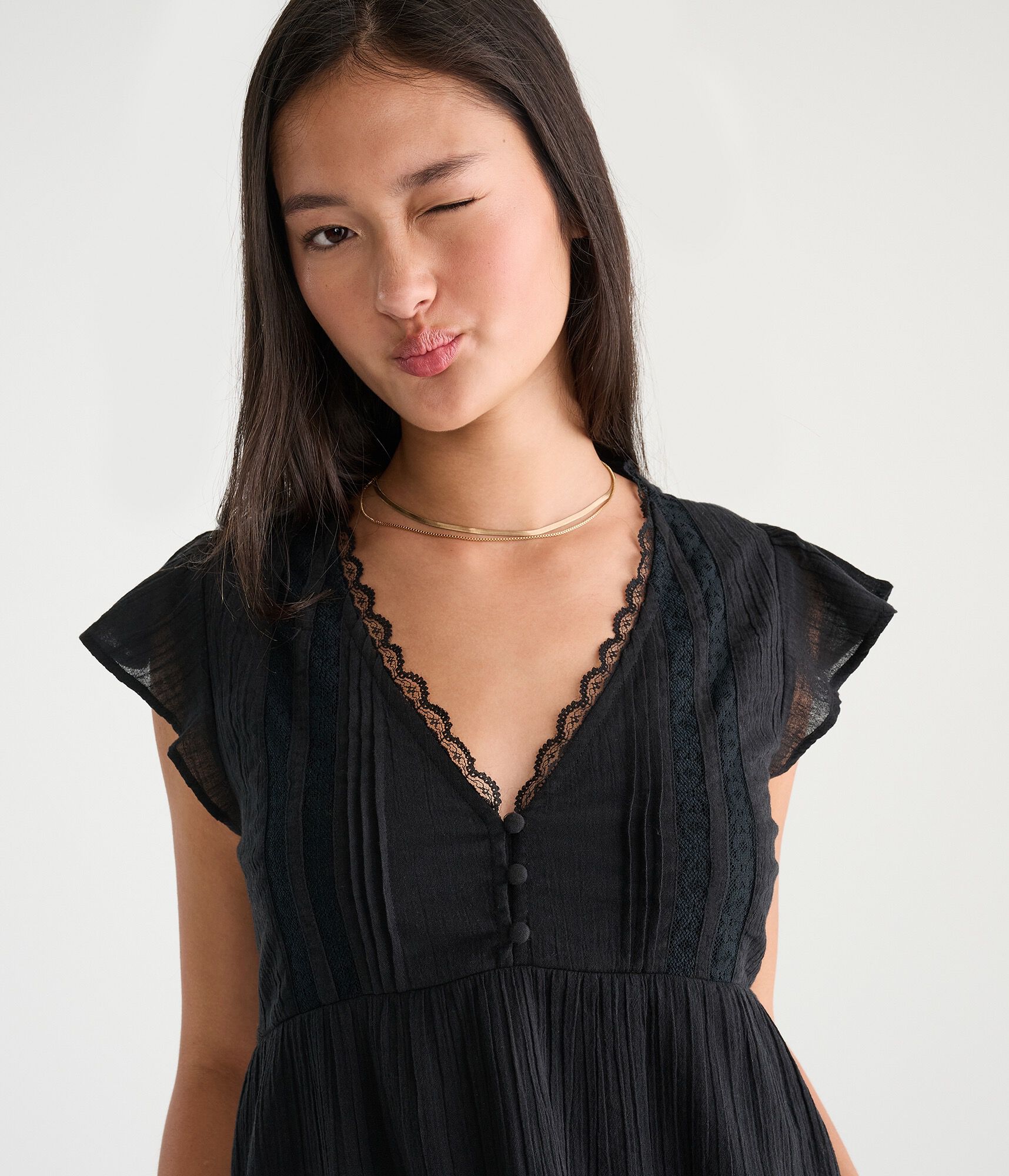 Lace &amp; Pintuck V-Neck Tie-Back Blouse