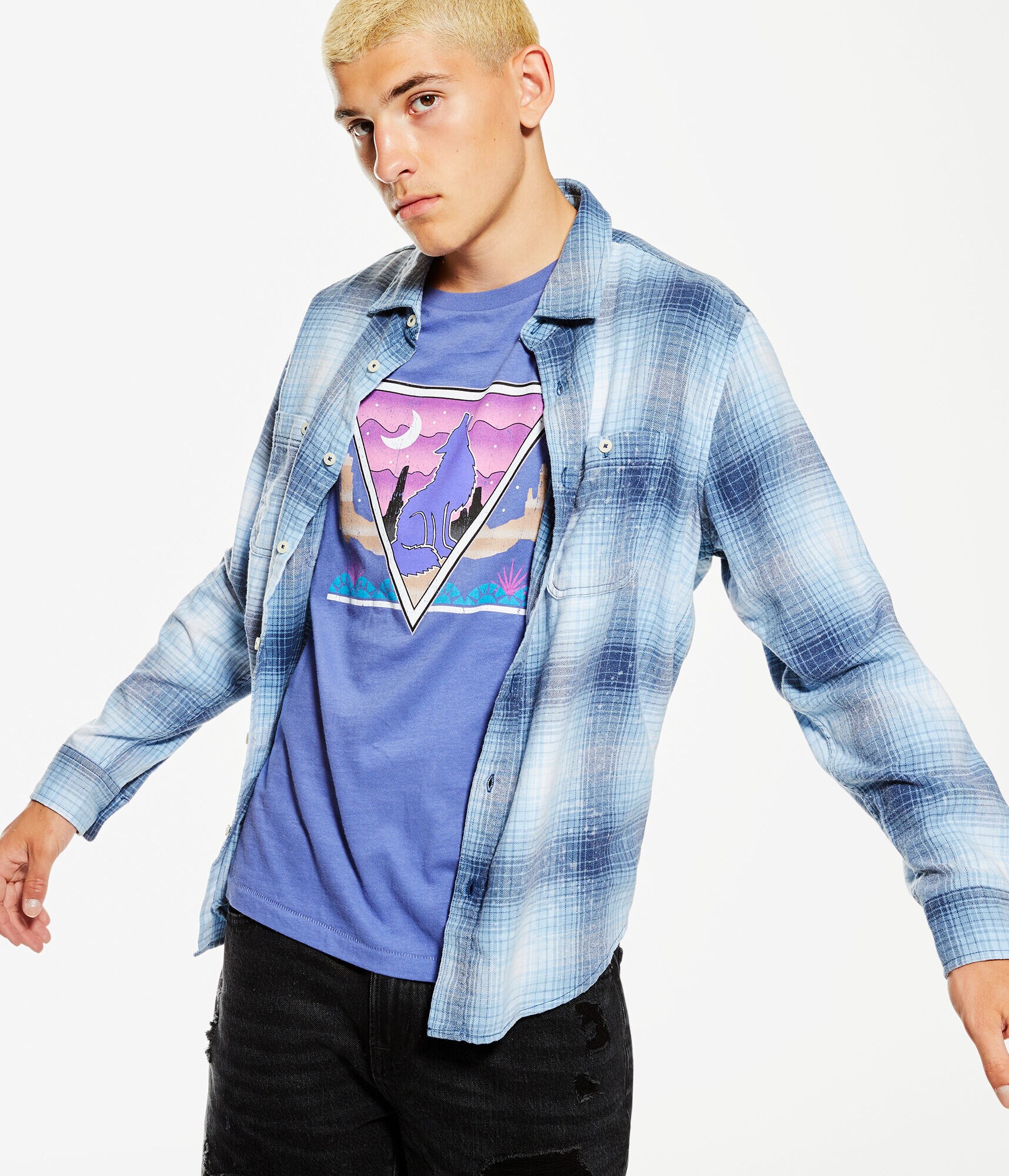 Long Sleeve Relaxed Bleached-Out Plaid Flannel Shirt
