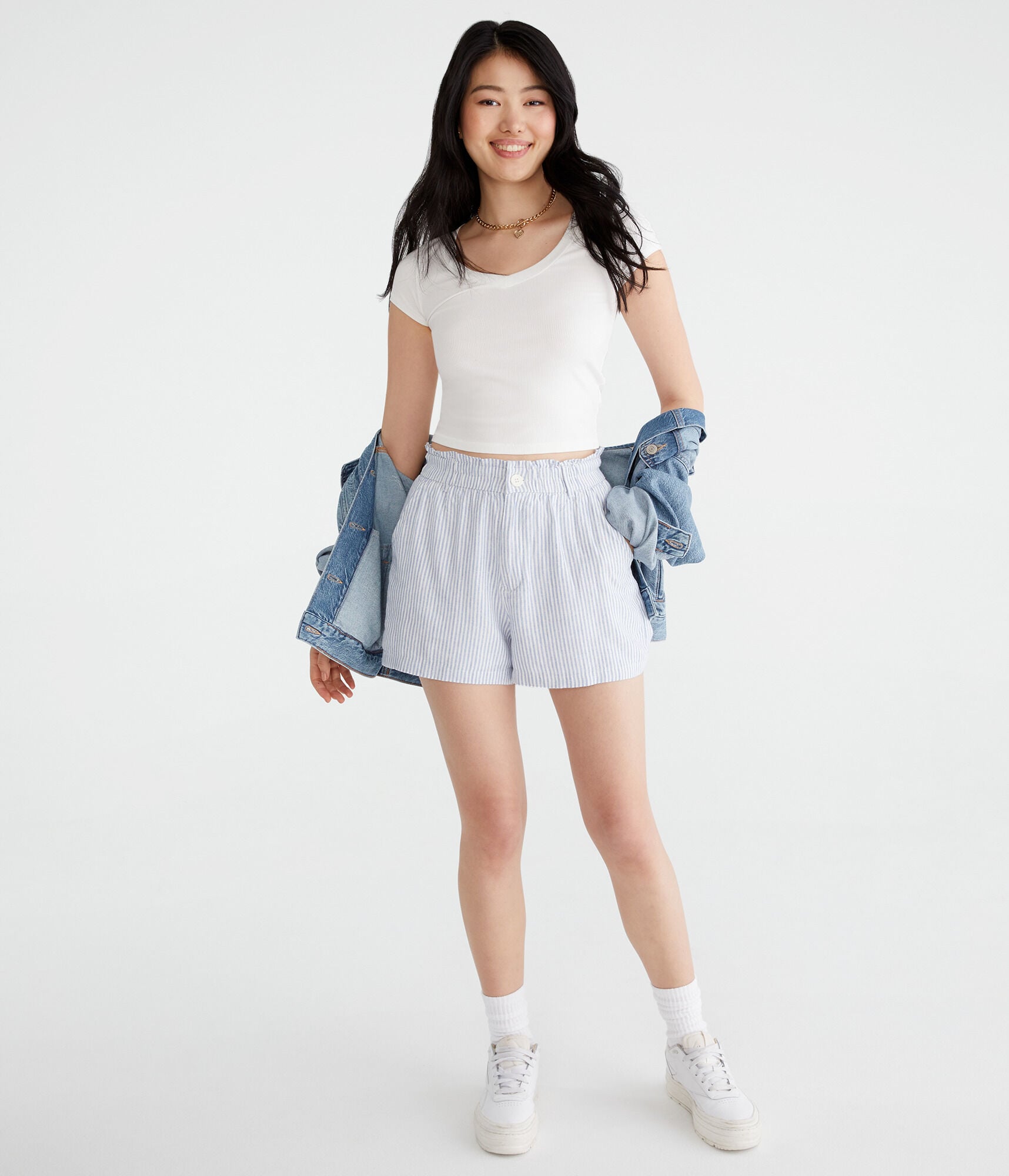 Striped High-Waisted Linen Shorts