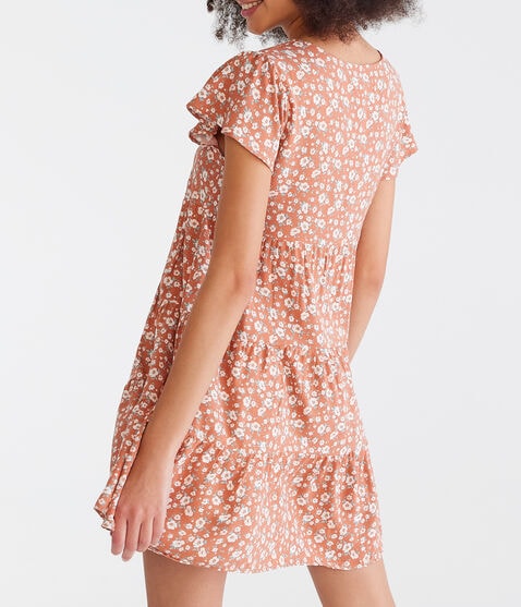 Floral Scoop-Neck Buttoned Babydoll Dress