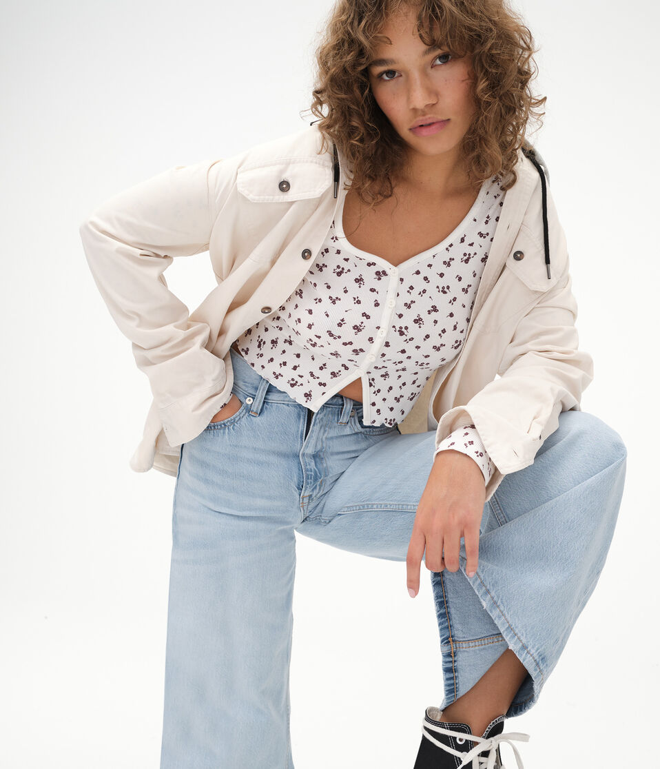 Long Sleeve Floral Button-Front Crop Top