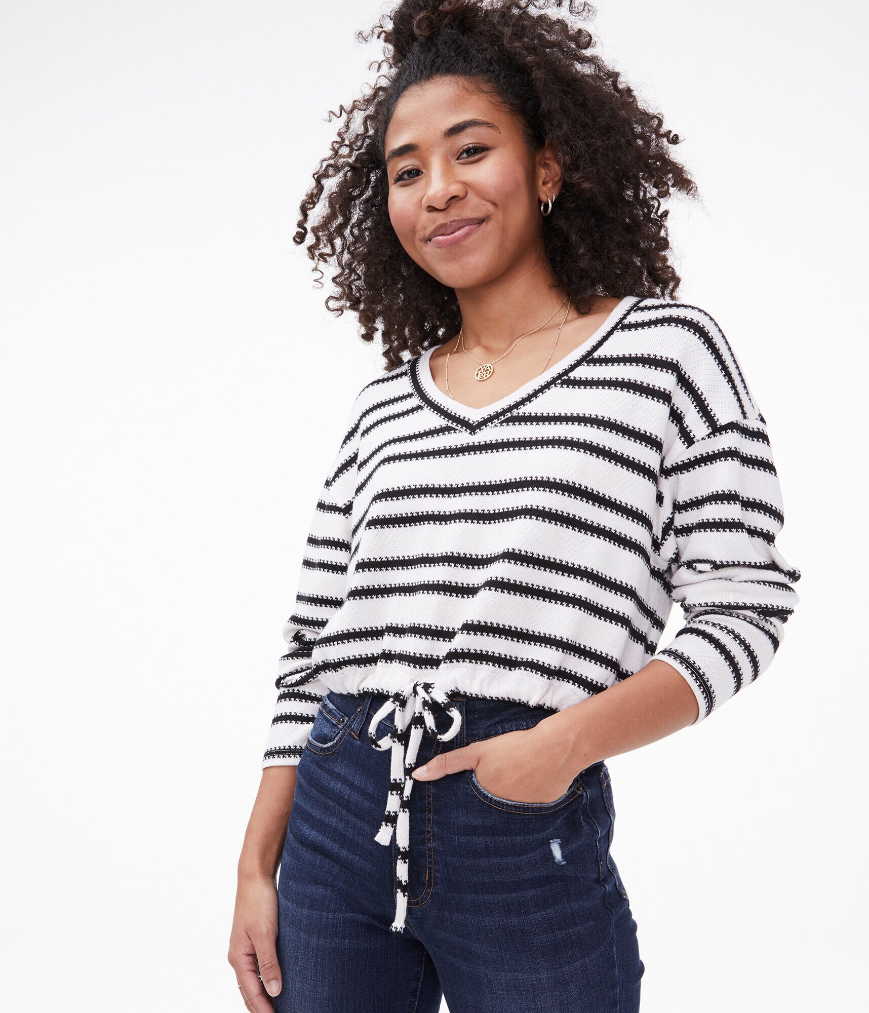 Striped Cinched Cropped V-Neck Top