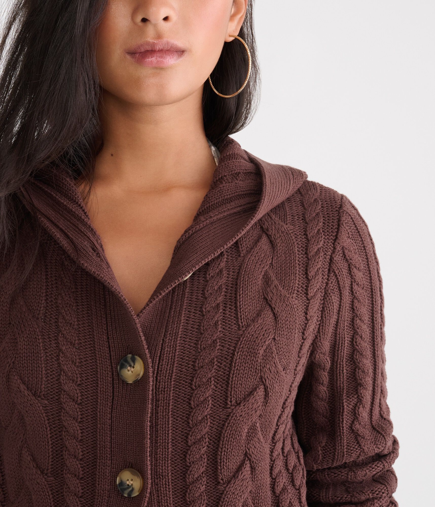 Hooded Button-Front Cable Cardigan