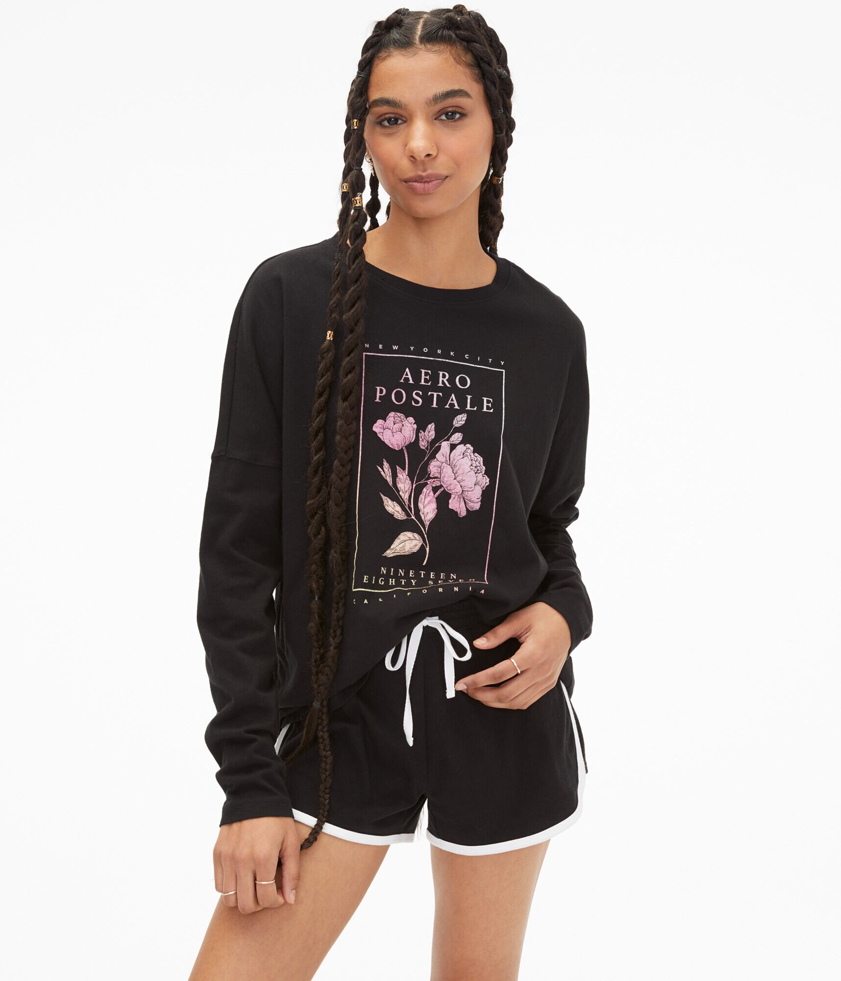 Long Sleeve Aeropostale Rose Box Oversized Graphic Tee