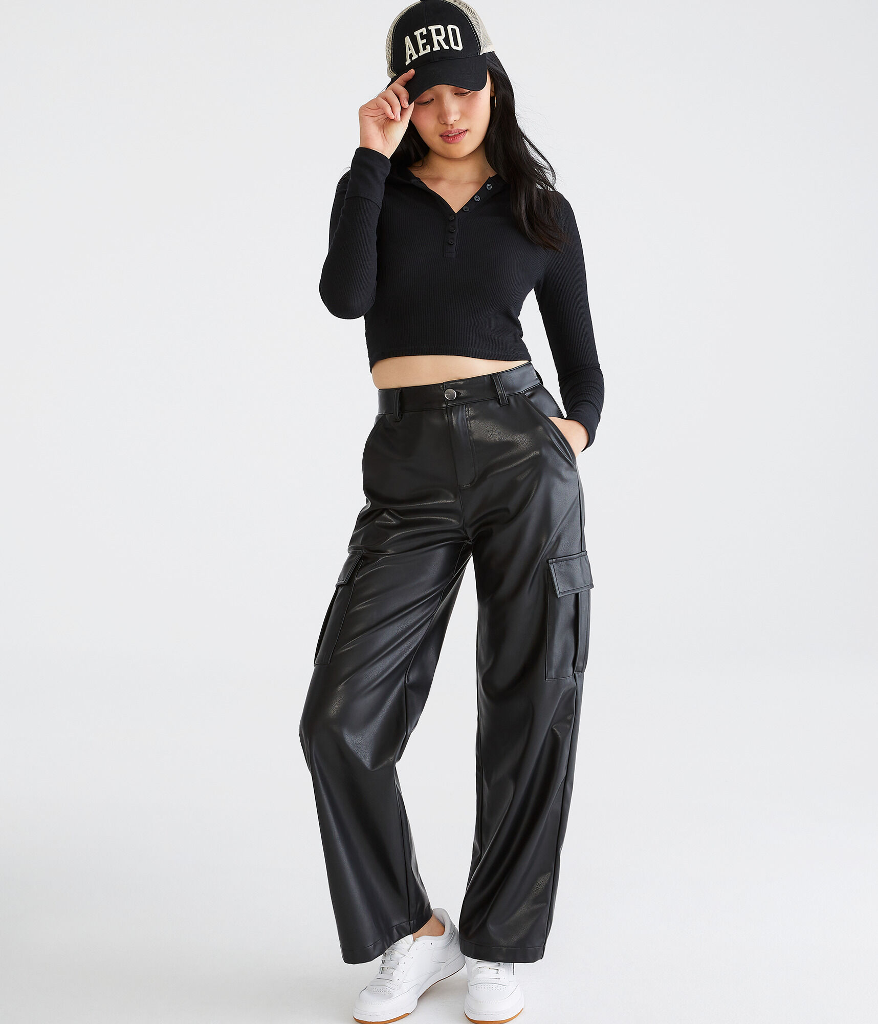 Long Sleeve Cropped Hooded Waffle Henley