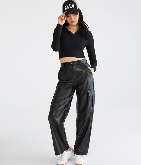 Long Sleeve Cropped Hooded Waffle Henley