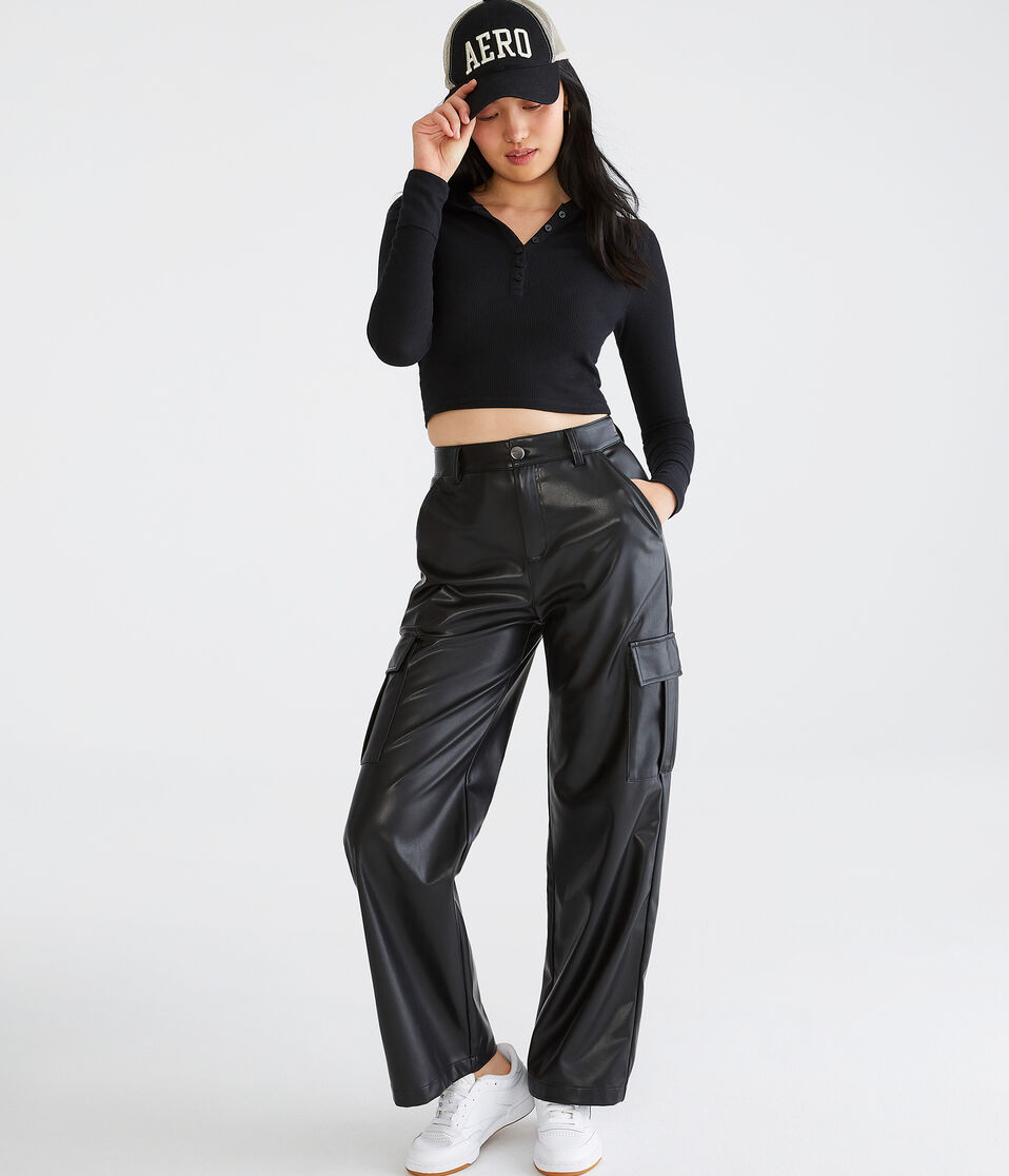 Long Sleeve Cropped Hooded Waffle Henley