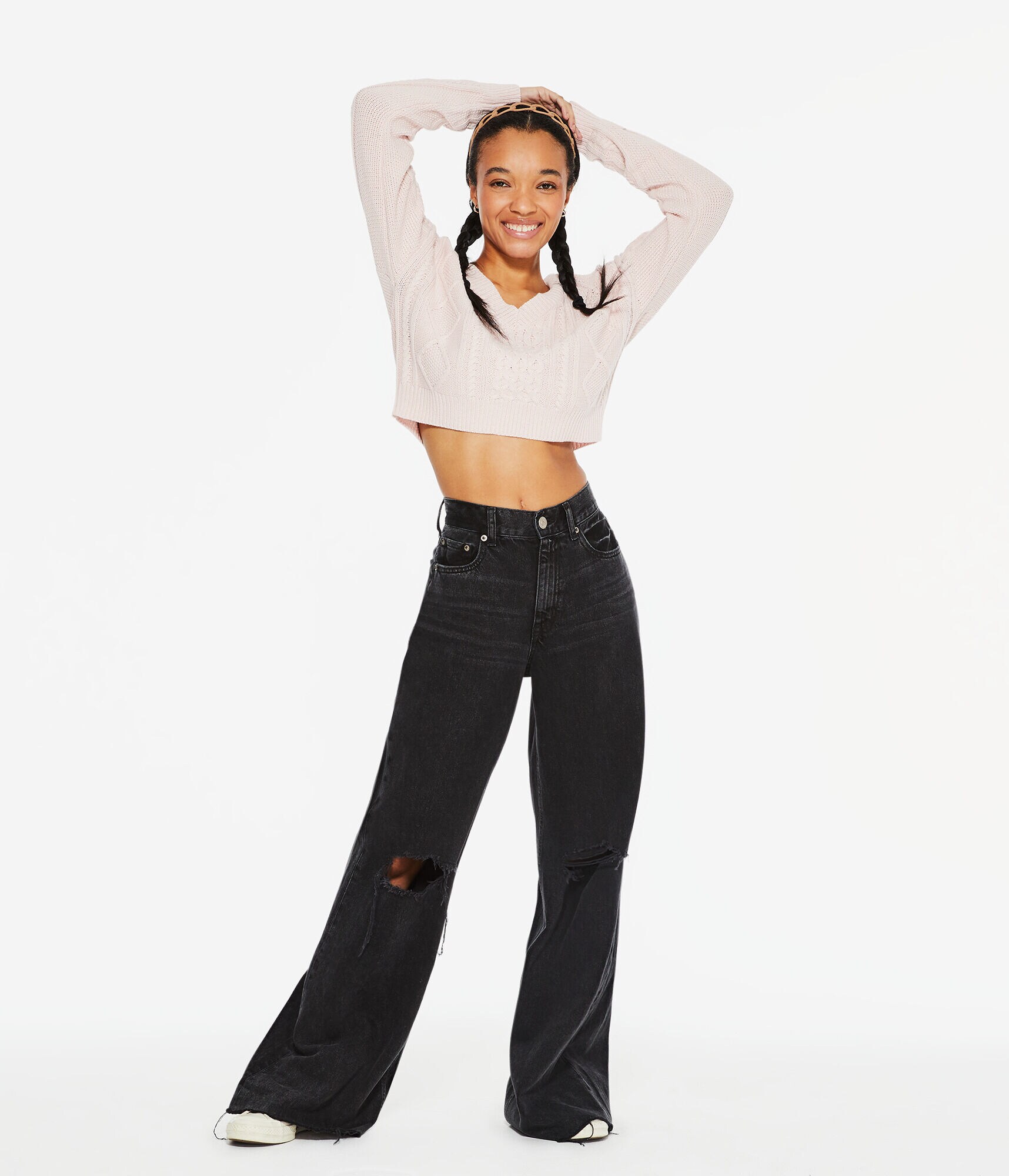 Cable-Knit Cropped V-Neck Sweater