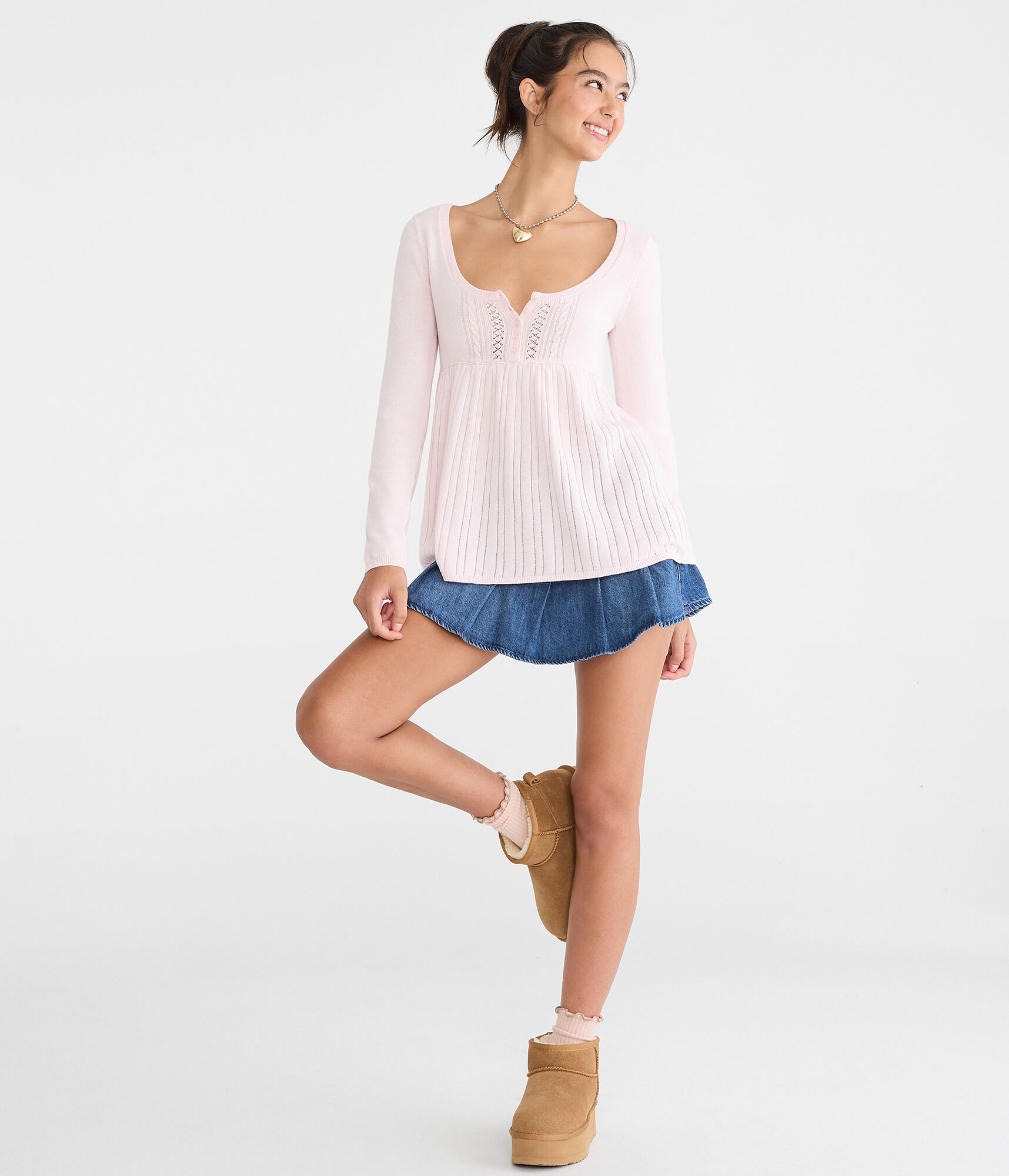 Cable Open-Stitch Square-Neck Babydoll Sweater