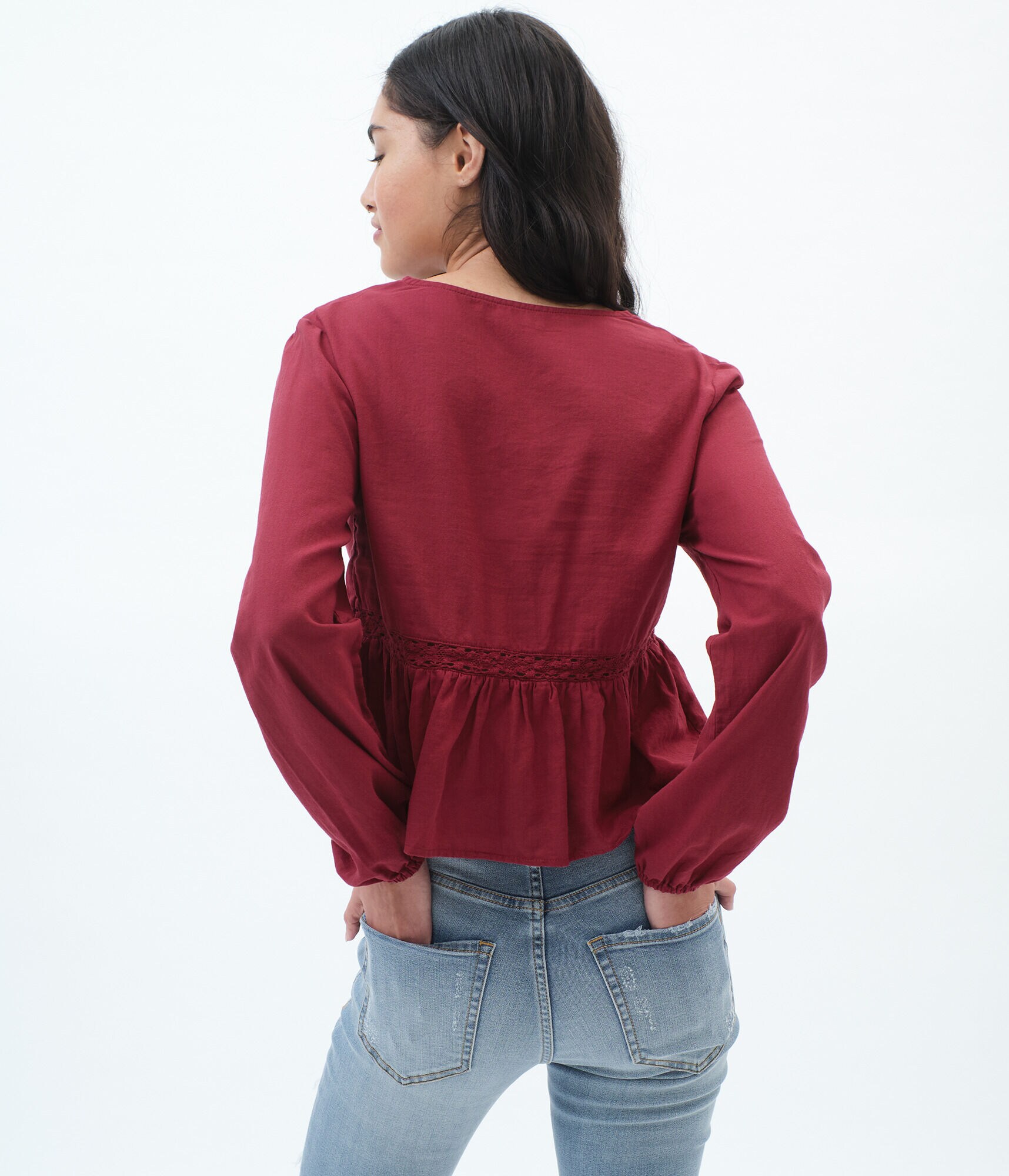 Long Sleeve Embroidered VNeck Babydoll Top