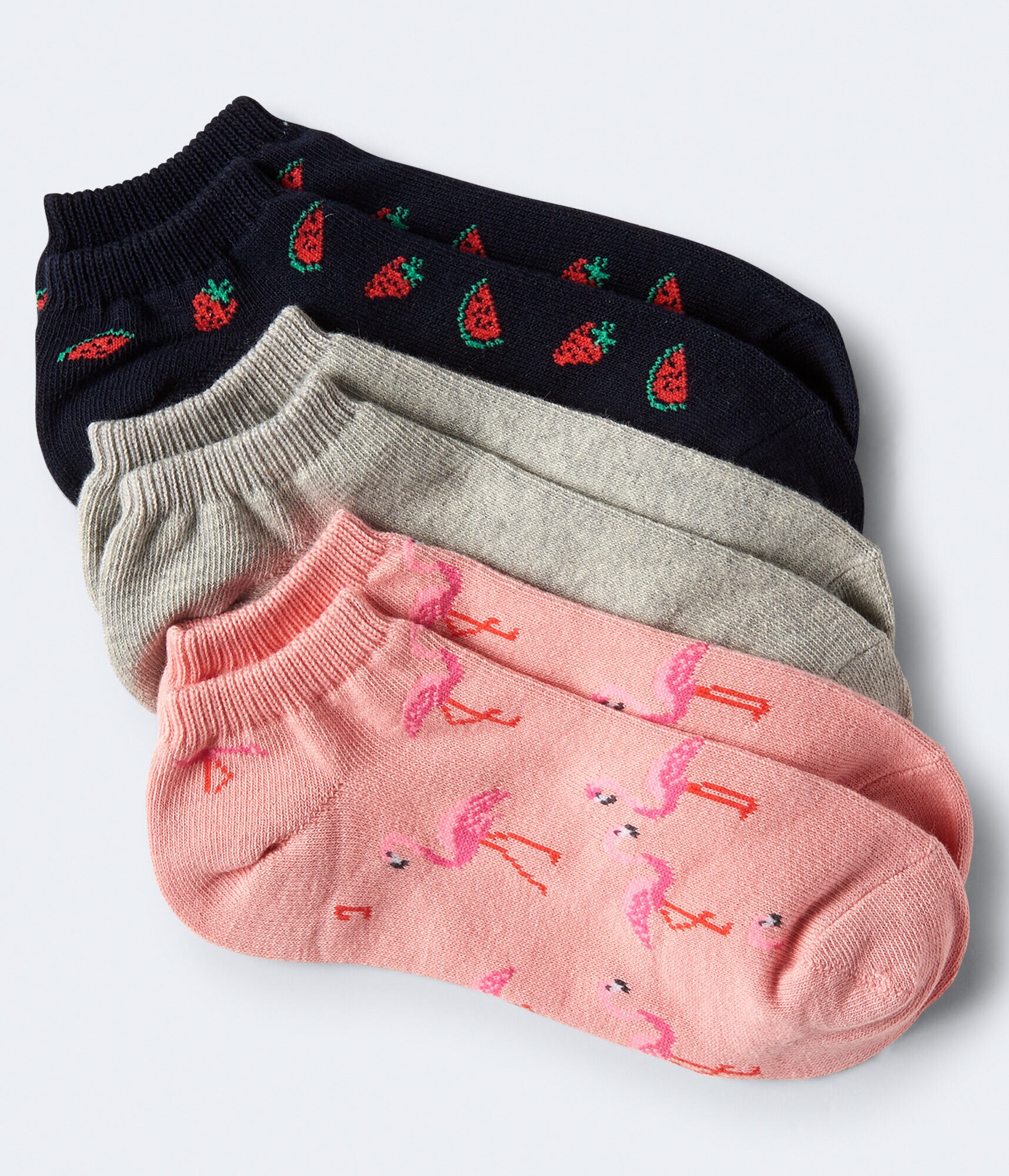 3-Pack Mixed Fruits, Solid &amp; Flamingo Ankle Socks