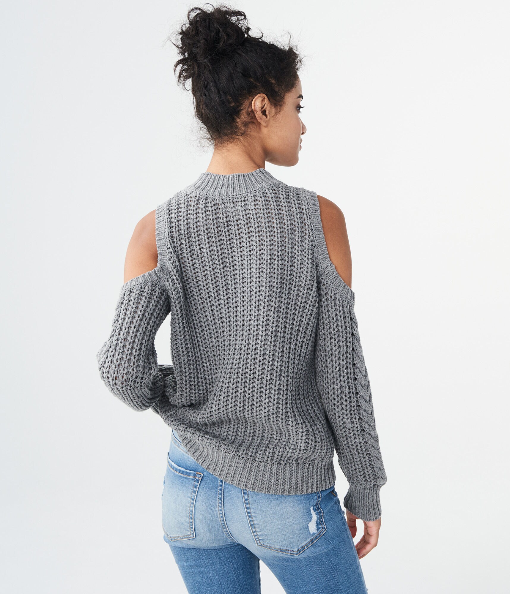 Solid Cable-Knit Cold-Shoulder Sweater