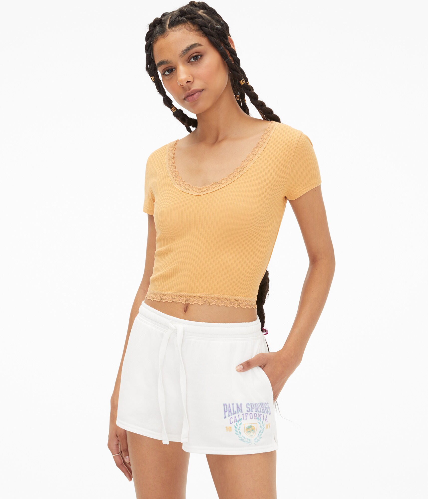 Lace-Trim V-Neck Cropped Shrunken Tee