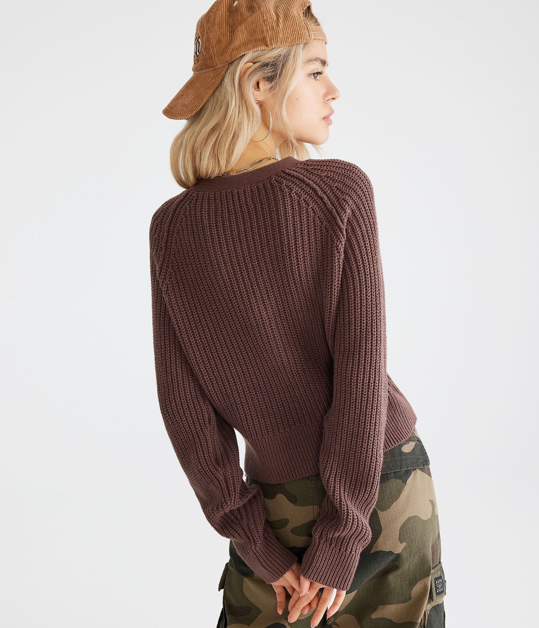 Ribbed Cropped V-Neck Henley Sweater