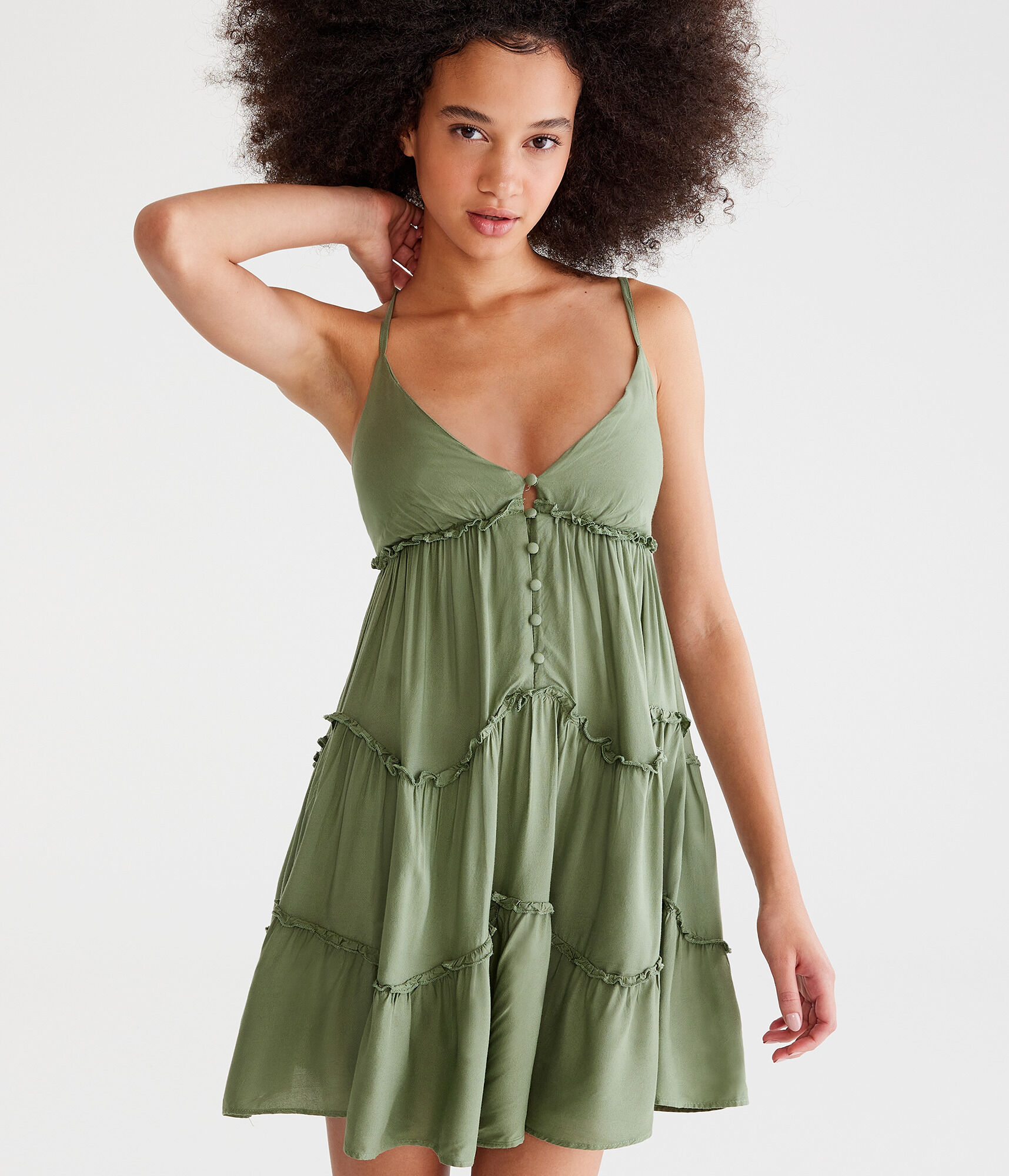Solid V-Neck Wavy Ruffle Babydoll Dress