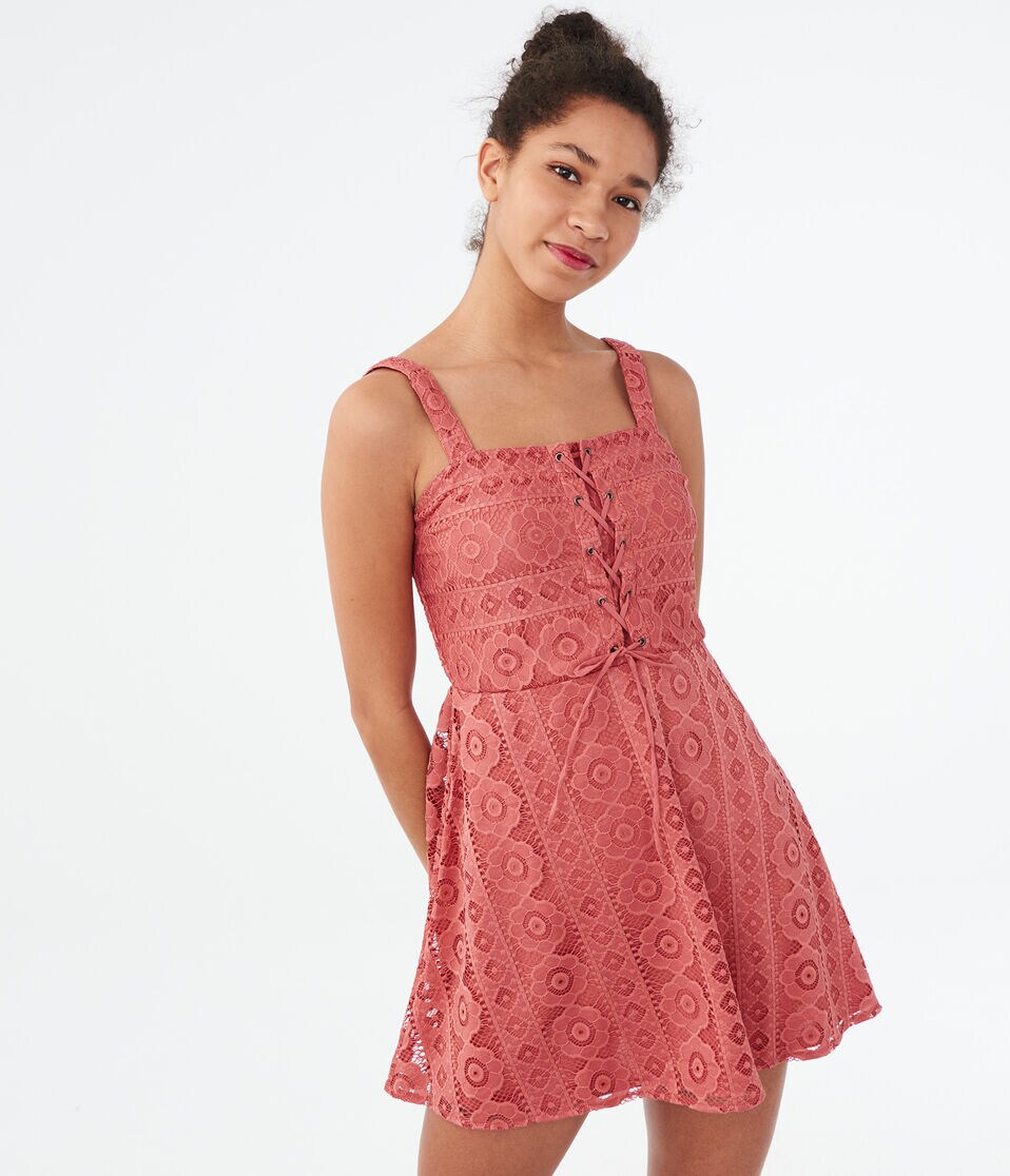 Solid Square-Neck Lace Fit & Flare Dress Solid Square-Neck Lace Fit & Flare Dress