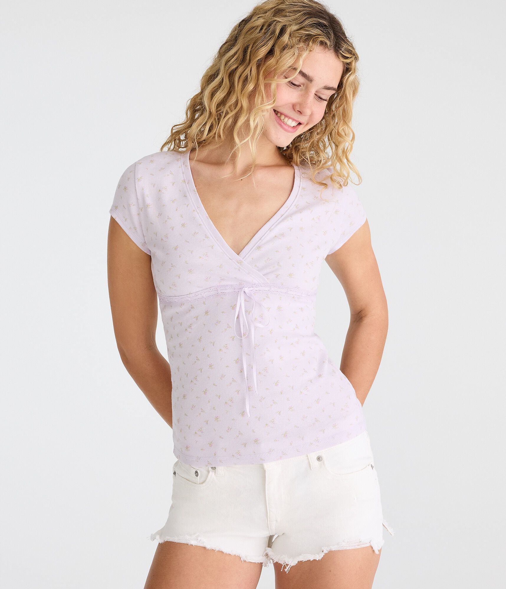 Seriously Soft Floral Lace Crossover V-Neck Tee