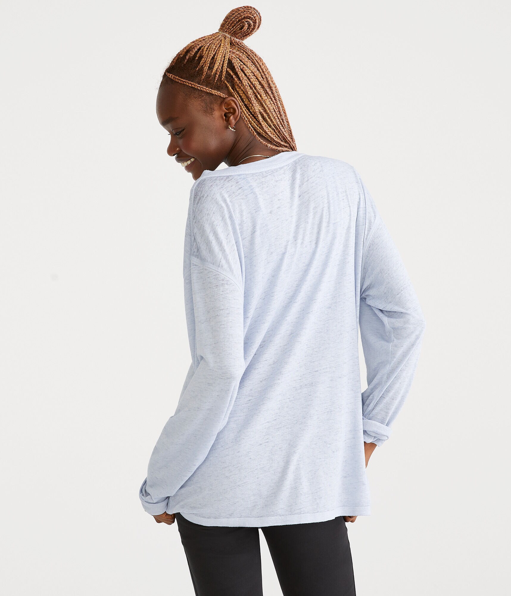 Long Sleeve Washed Loose Fit V-Neck Tee