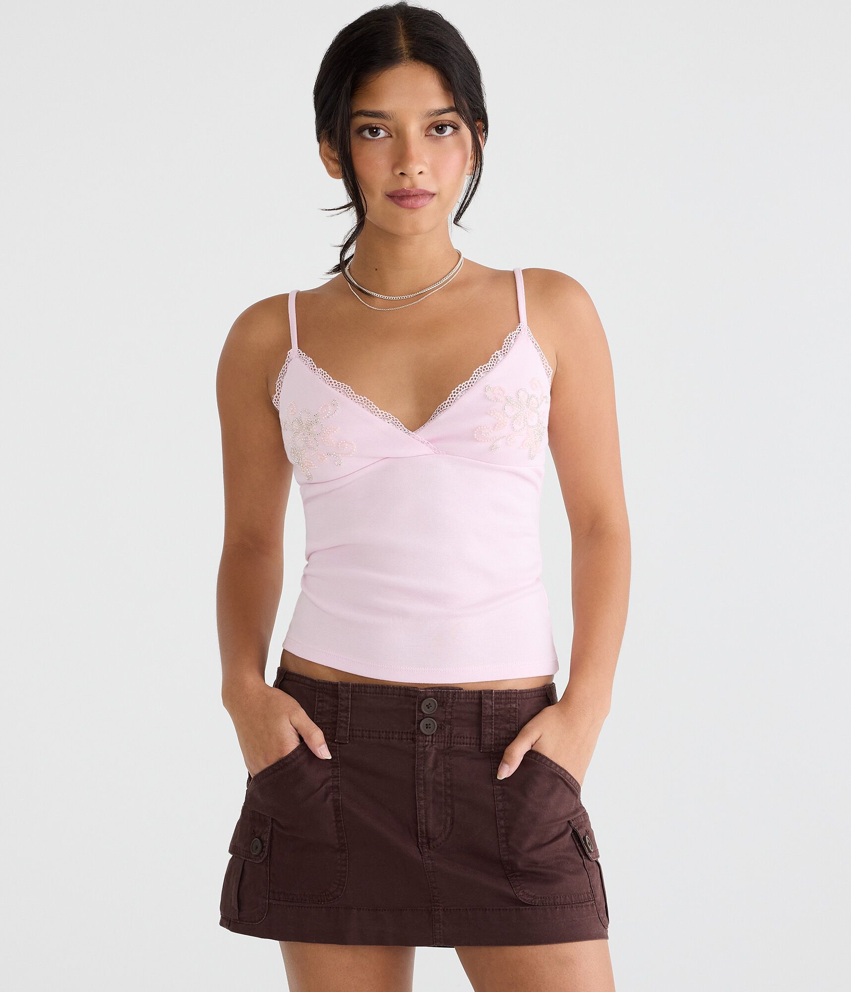 Beaded Floral Lace Crisscross V-Neck Cami