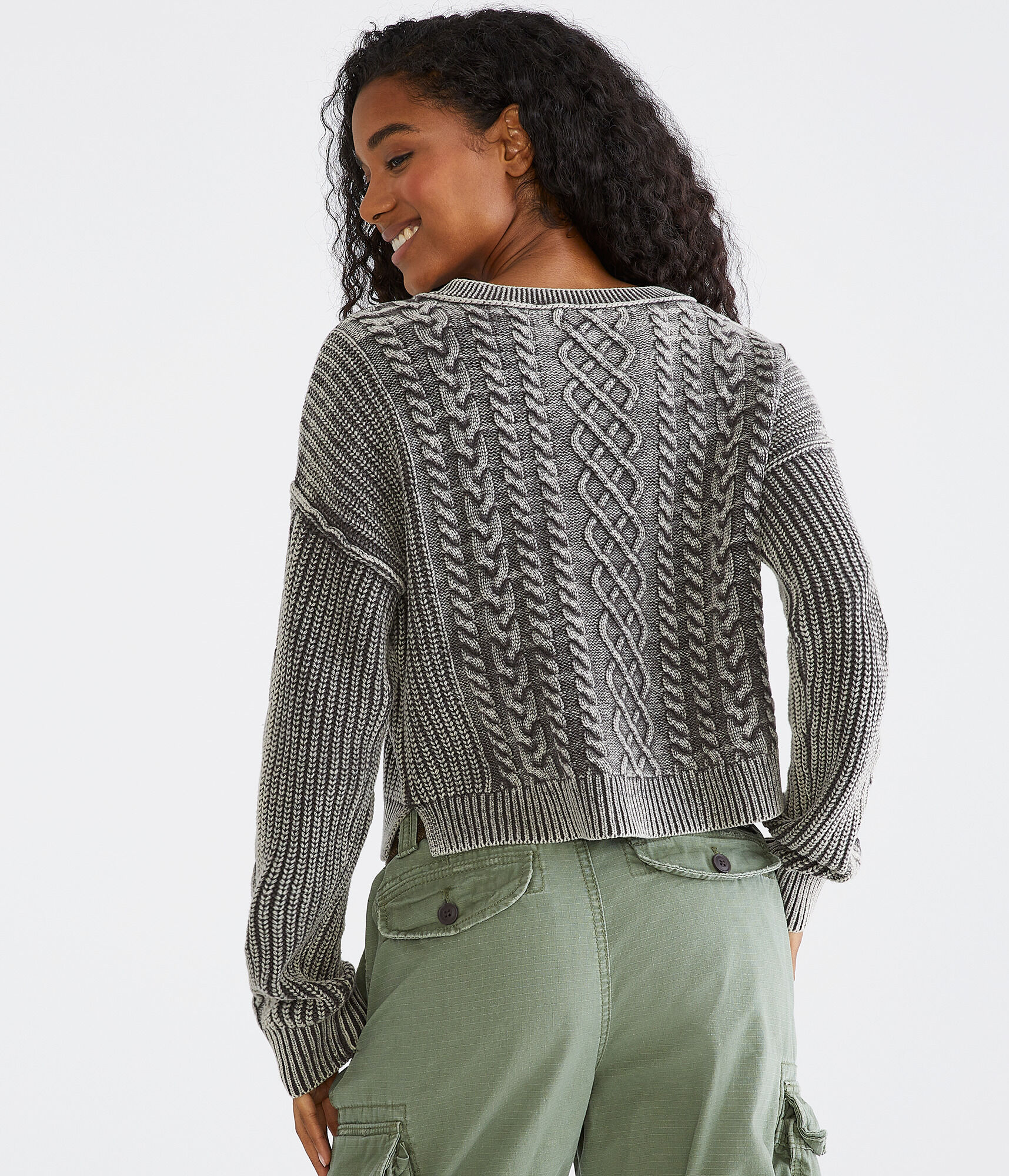 Slouchy Cable-Knit Cropped V-Neck Sweater
