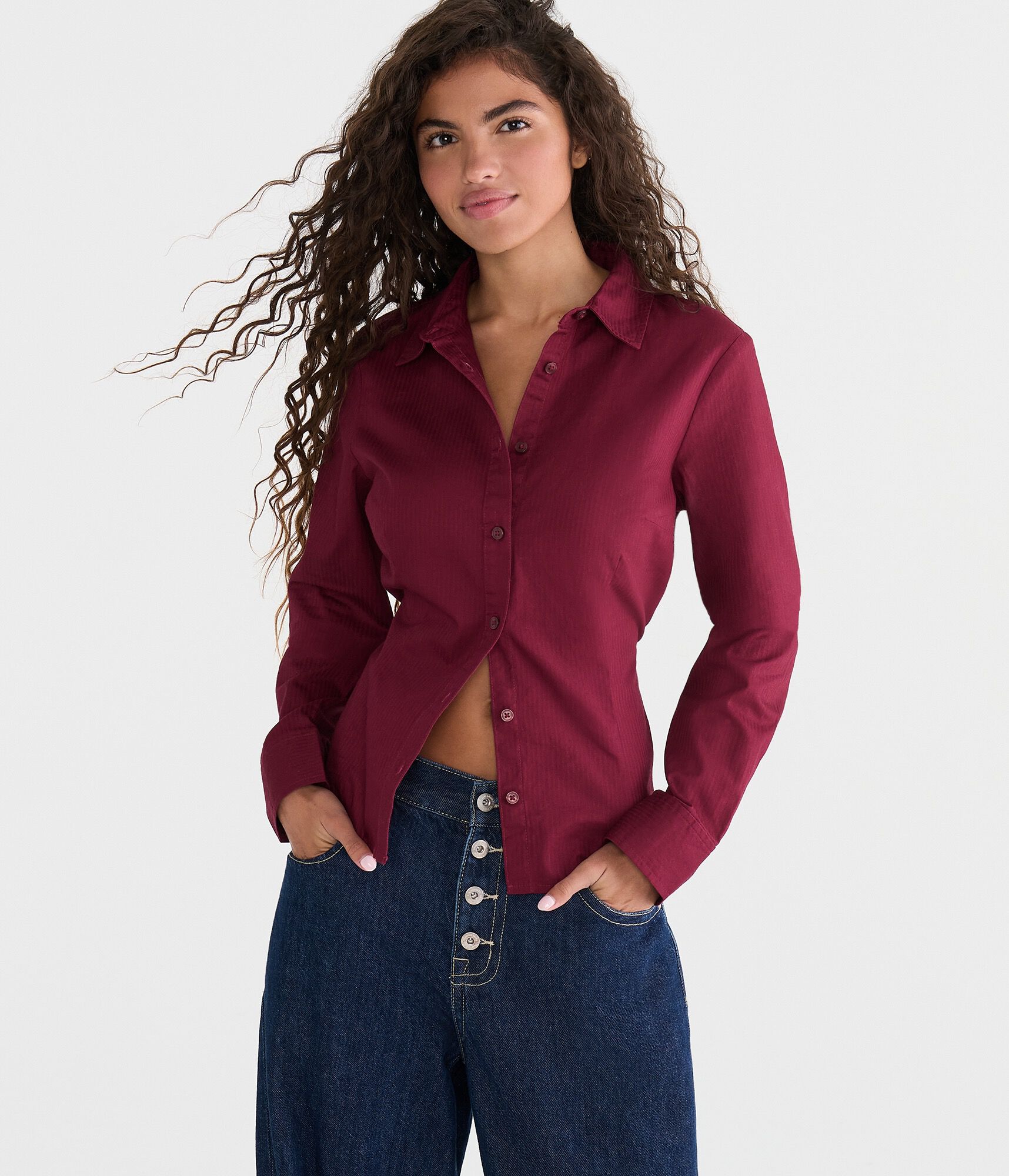 Long Sleeve Tonal Stripe Tie-Back Fitted Shirt