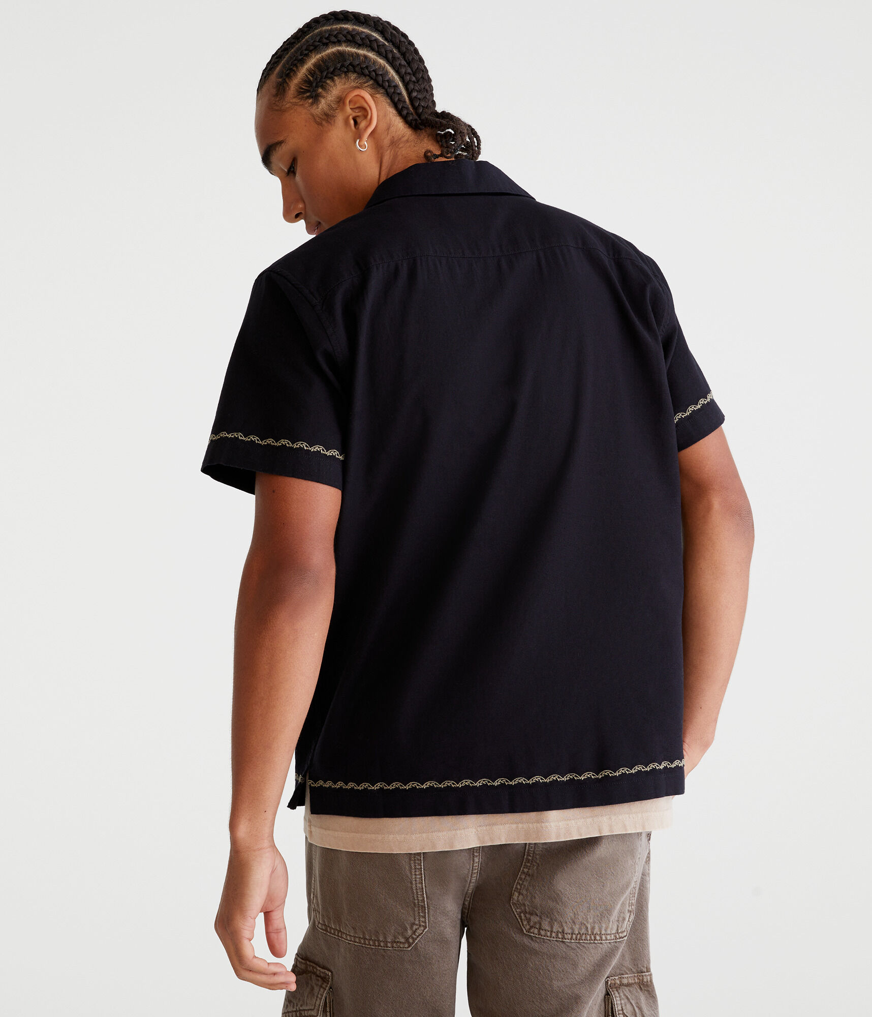 Short Sleeve Embroidered Floral Linen Shirt