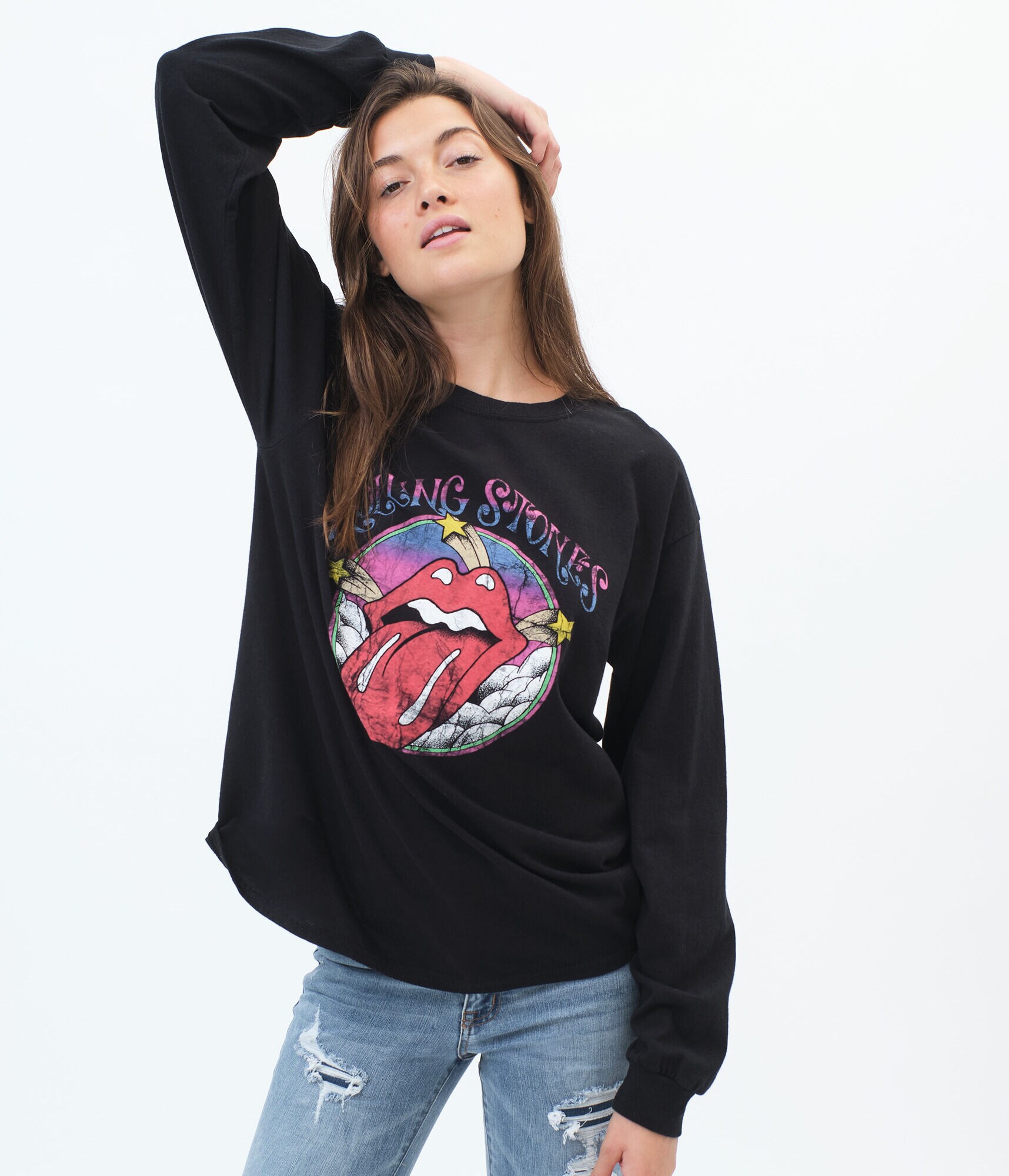 Long Sleeve Rolling Stones Tongue Boyfriend Graphic Tee
