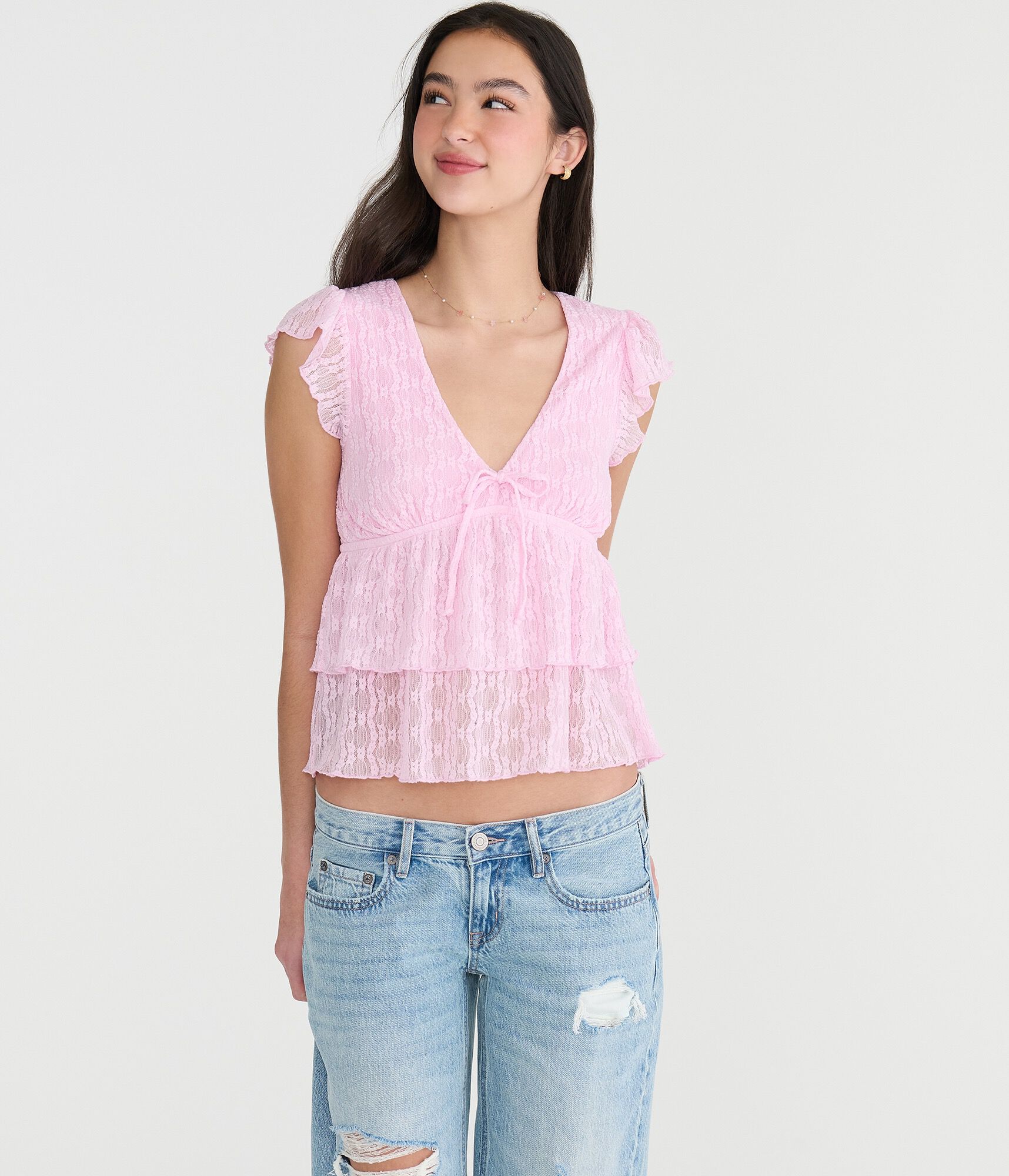 Lace Flutter Sleeve V-Neck Top