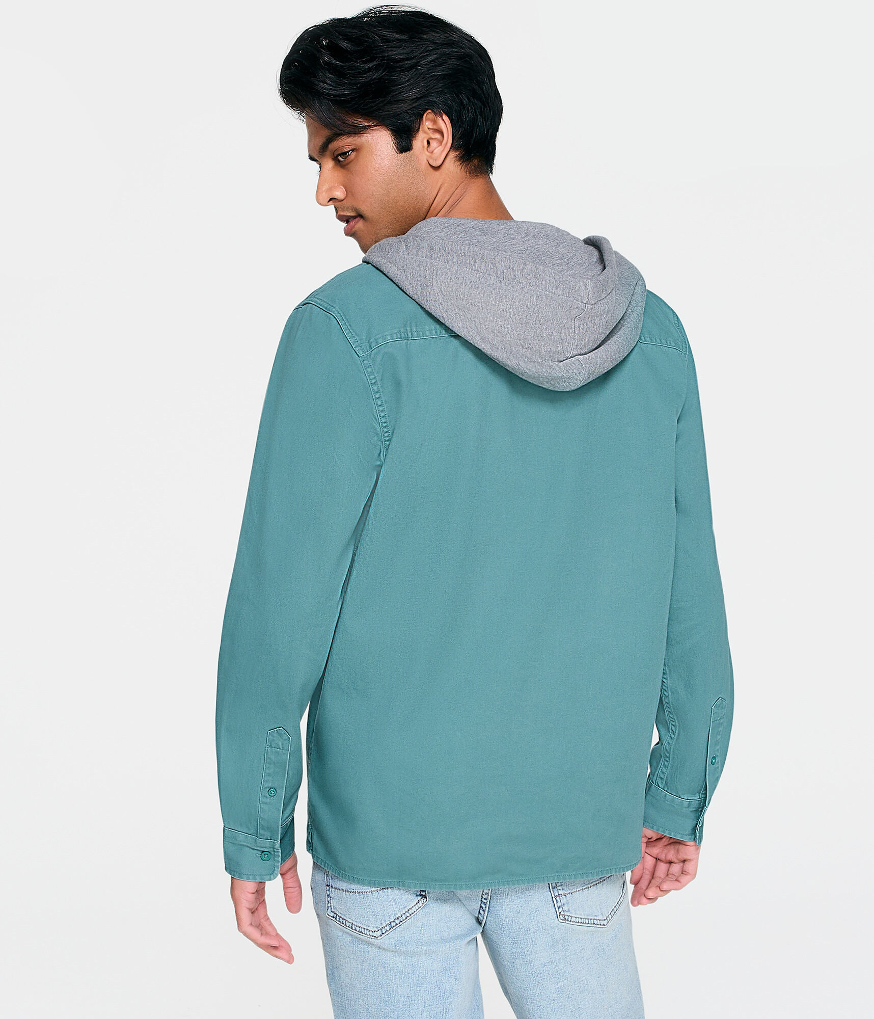 Long Sleeve Hooded Twill Button-Down Shirt