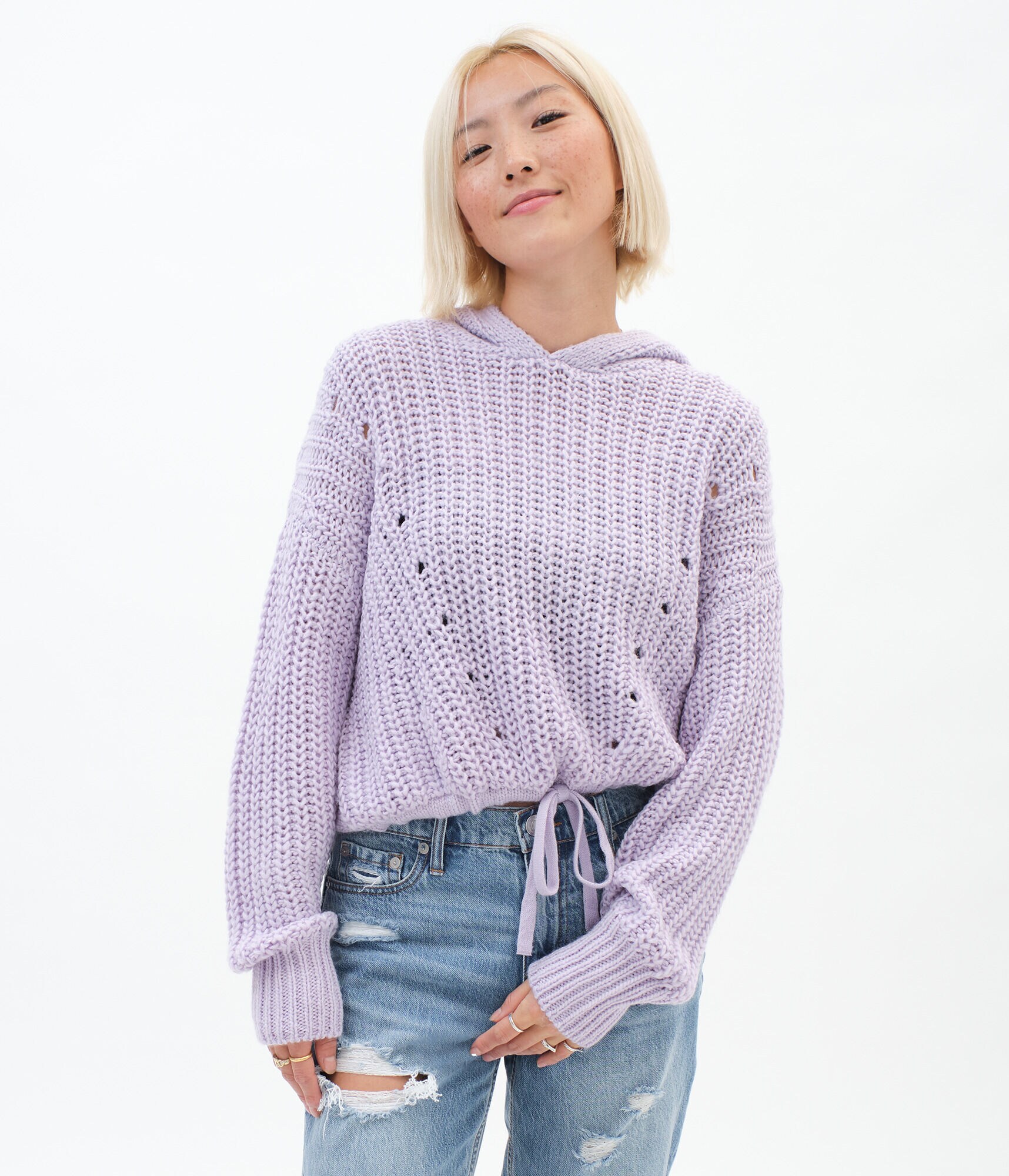 Cinch-Tie Cropped Hooded Sweater