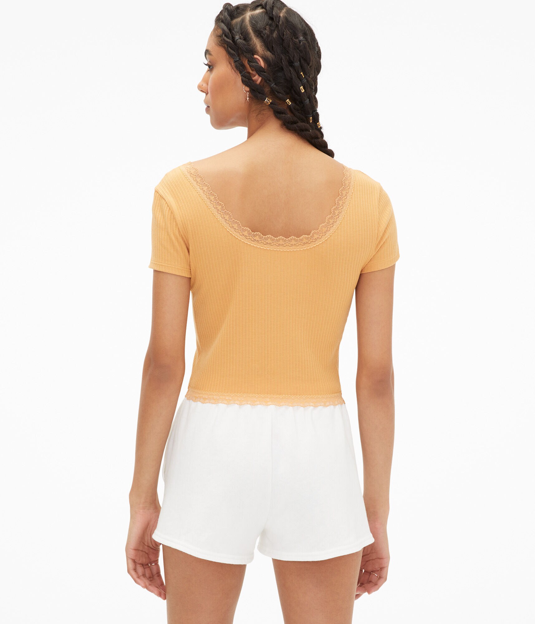 Lace-Trim V-Neck Cropped Shrunken Tee