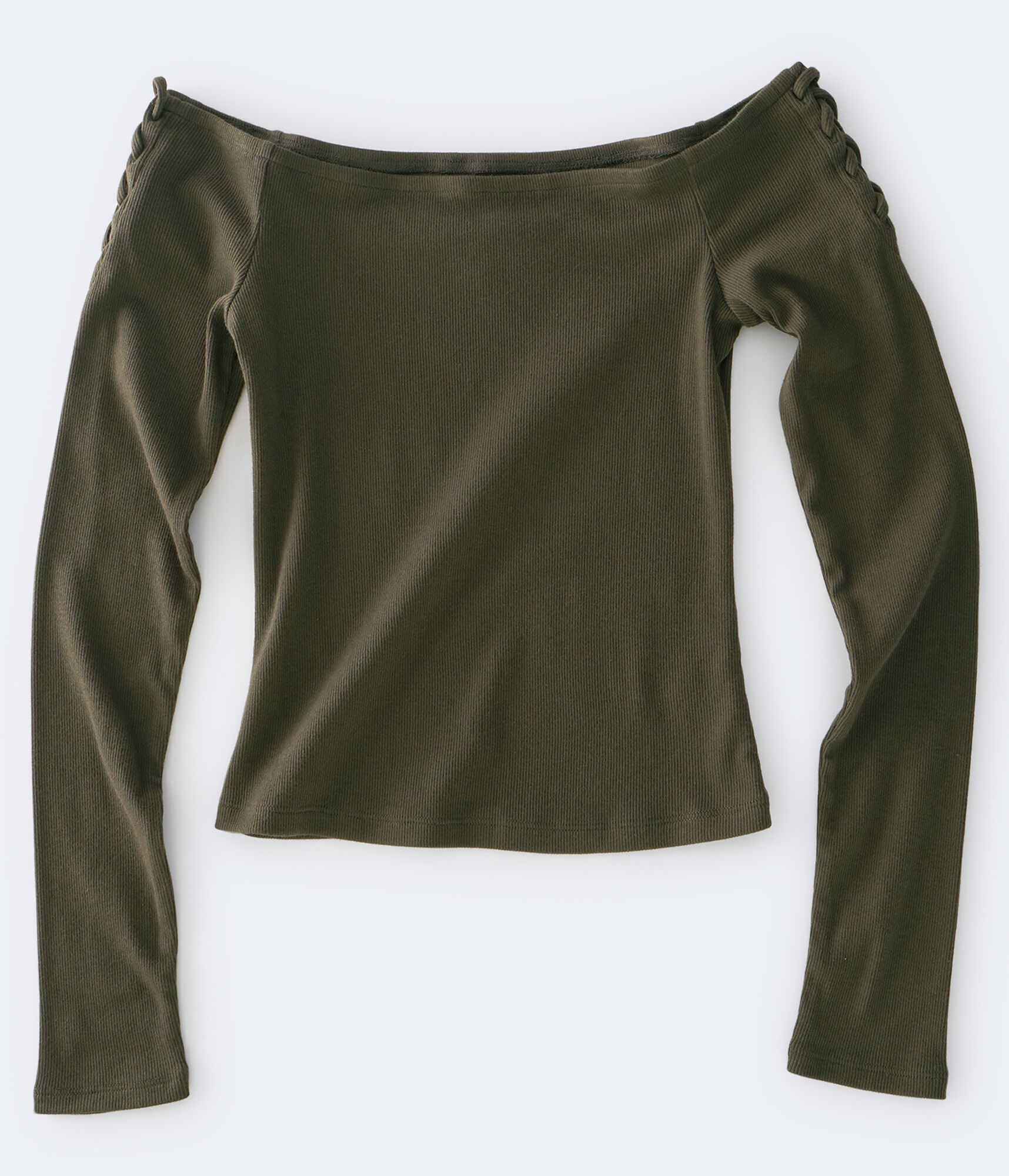 Long Sleeve Ribbed Lace-Up Off-The-Shoulder Top***