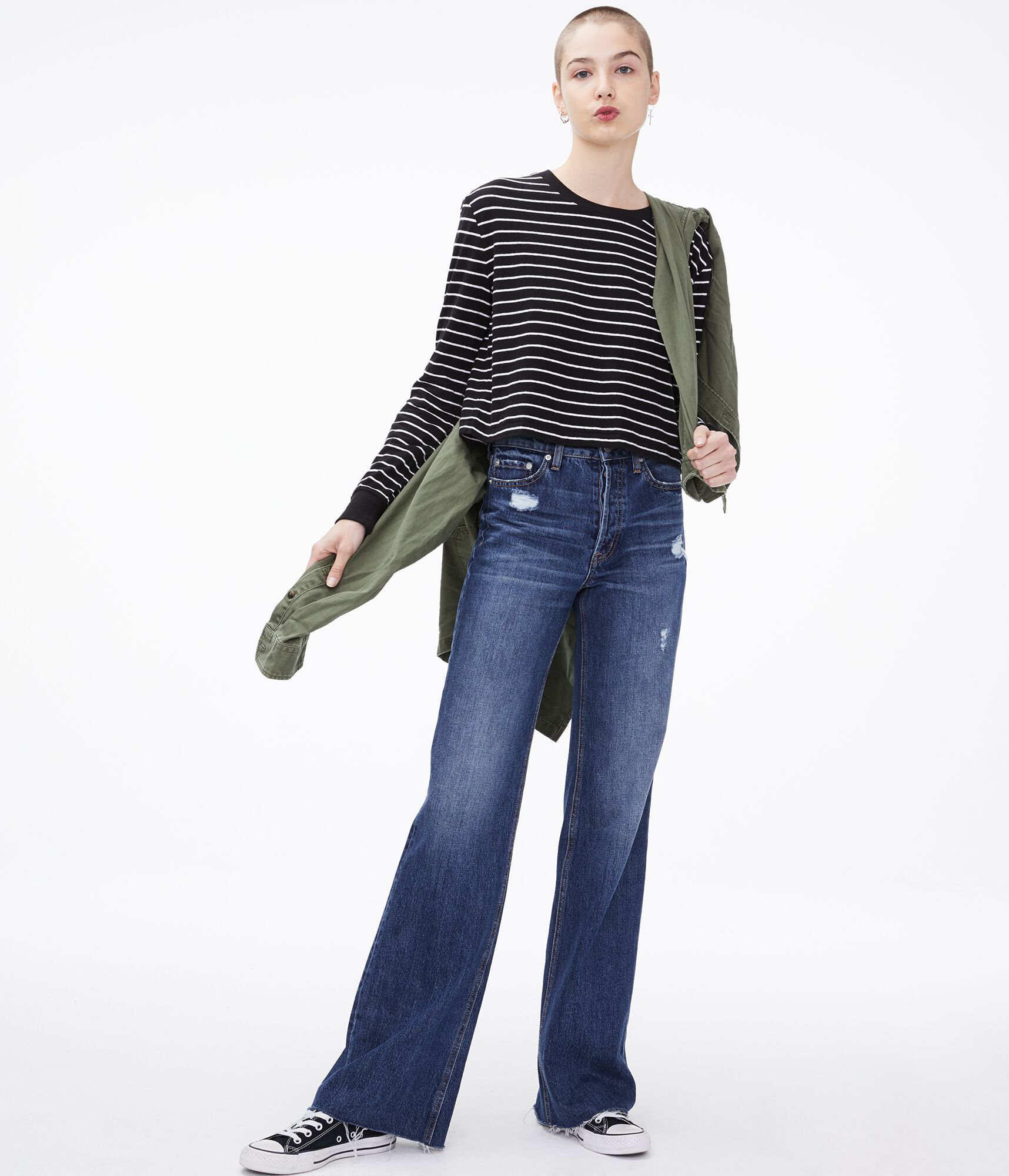 Long Sleeve Striped Boxy Cropped Pocket Tee