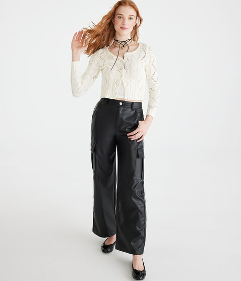 Long Sleeve Cropped Pointelle Cardigan Long Sleeve Cropped Pointelle Cardigan