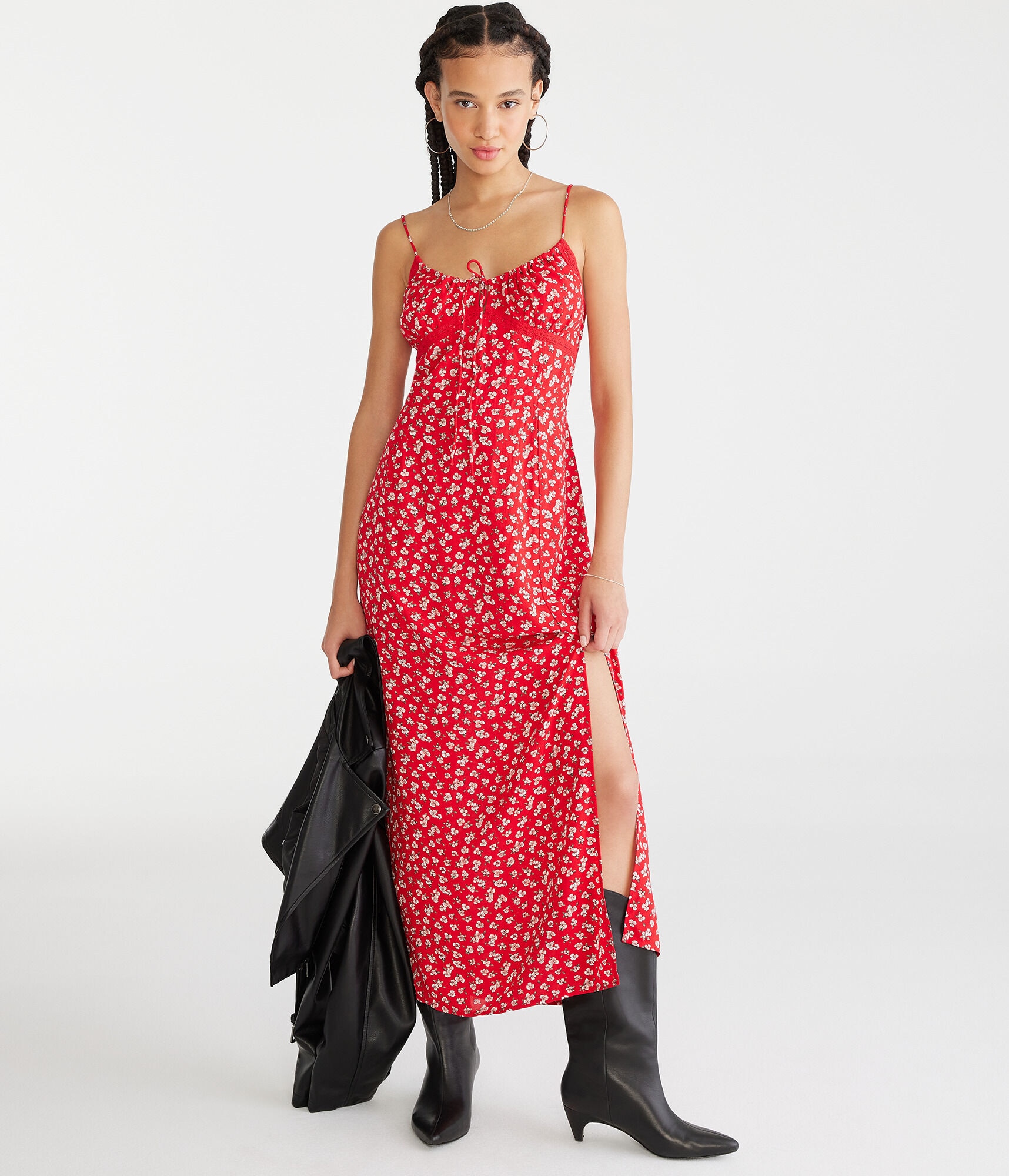 Floral V-Neck Lace-Trim Midi Dress