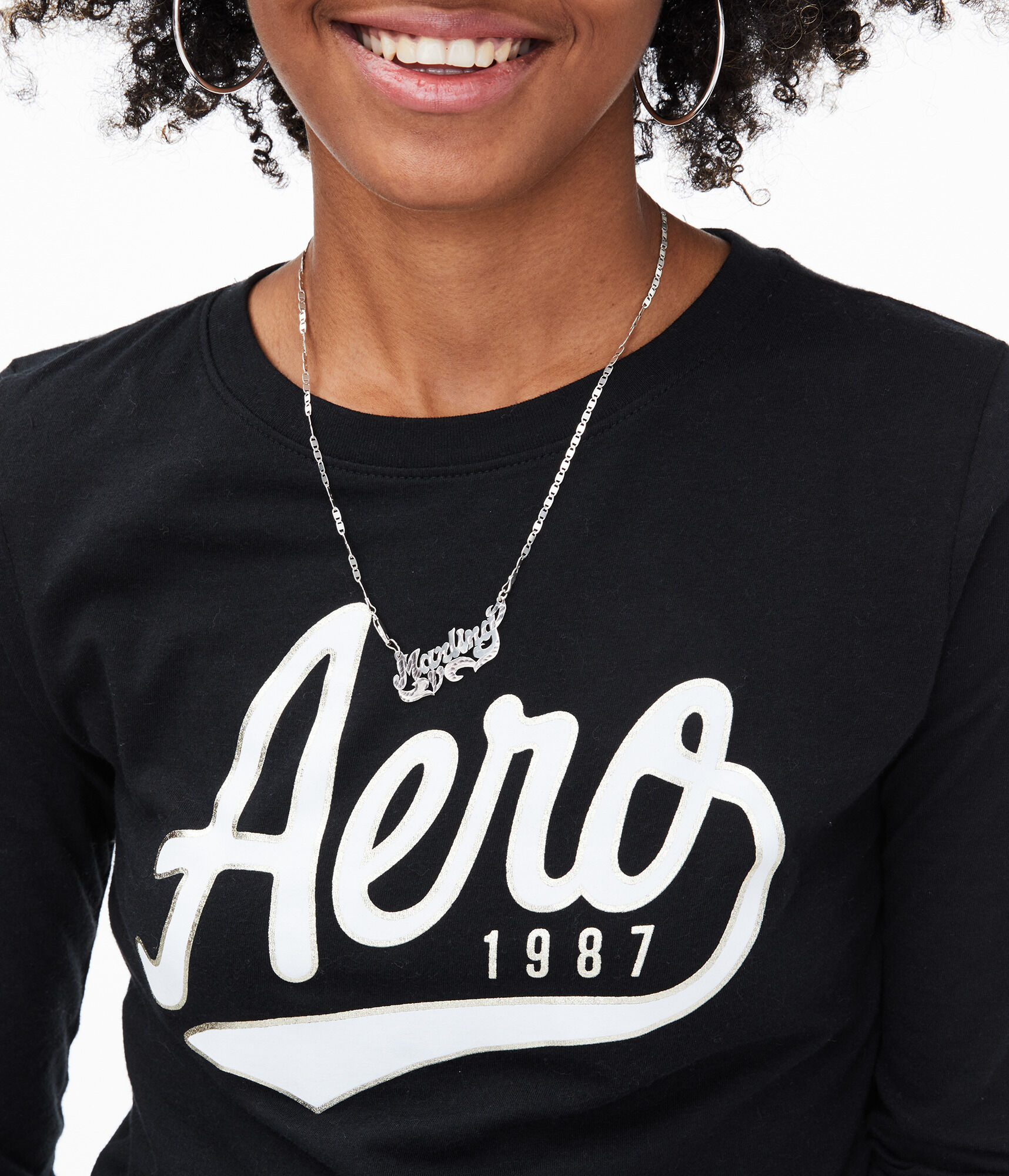 Long Sleeve Shimmery Aero Script Graphic Tee
