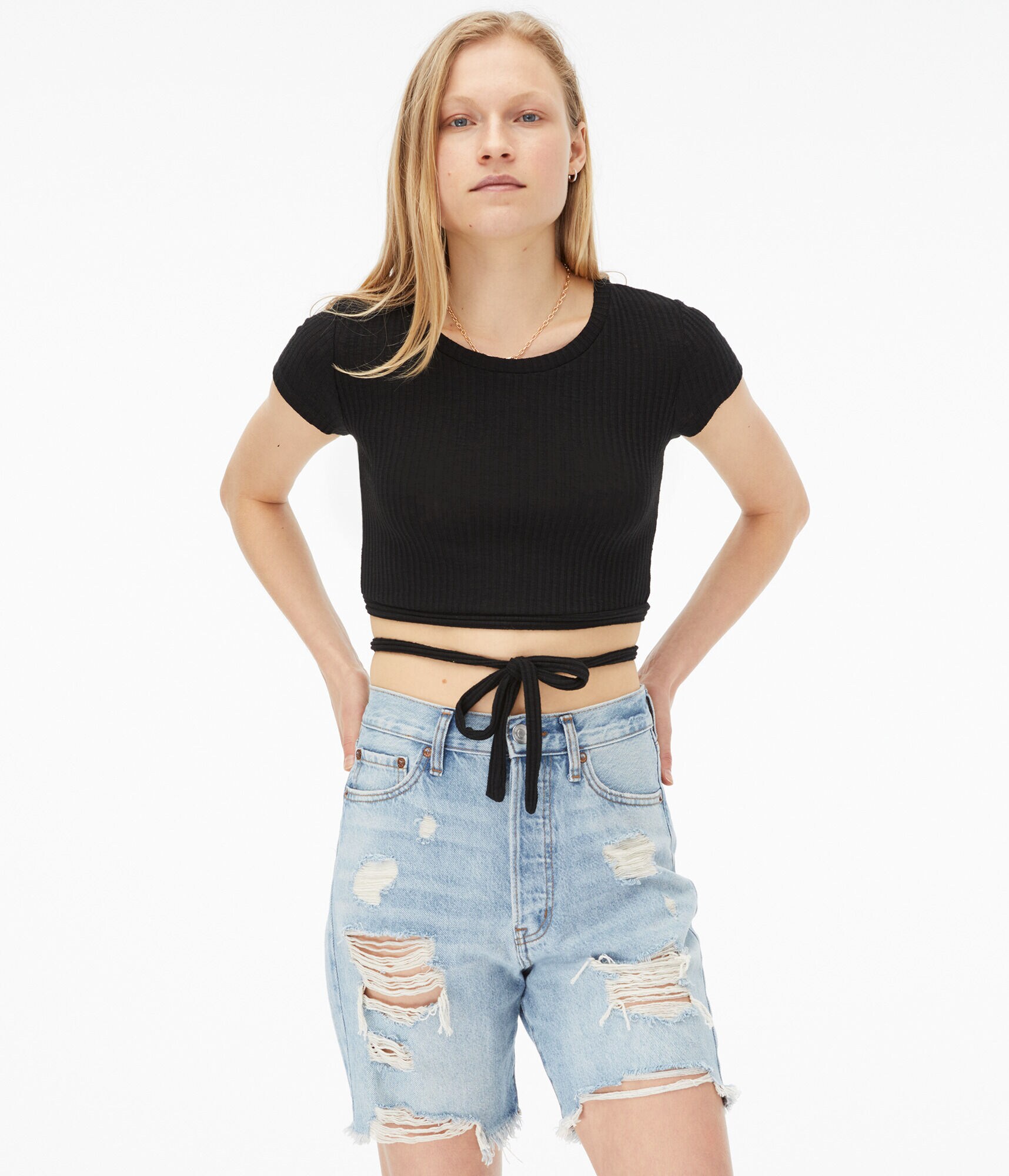 Striped Crossover-Back Crop Top