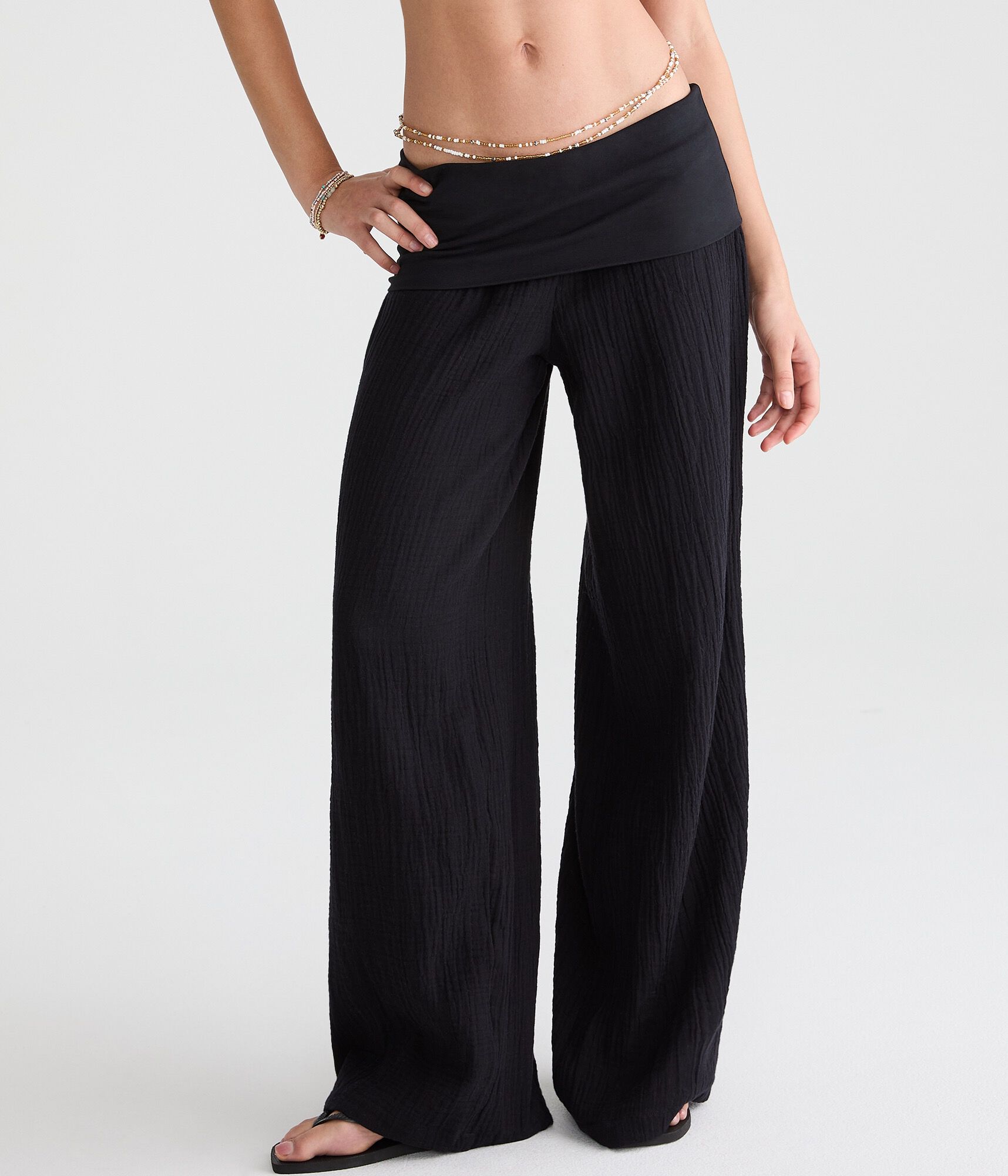 Low-Rise Gauze Fold-Over Wide Leg Pants