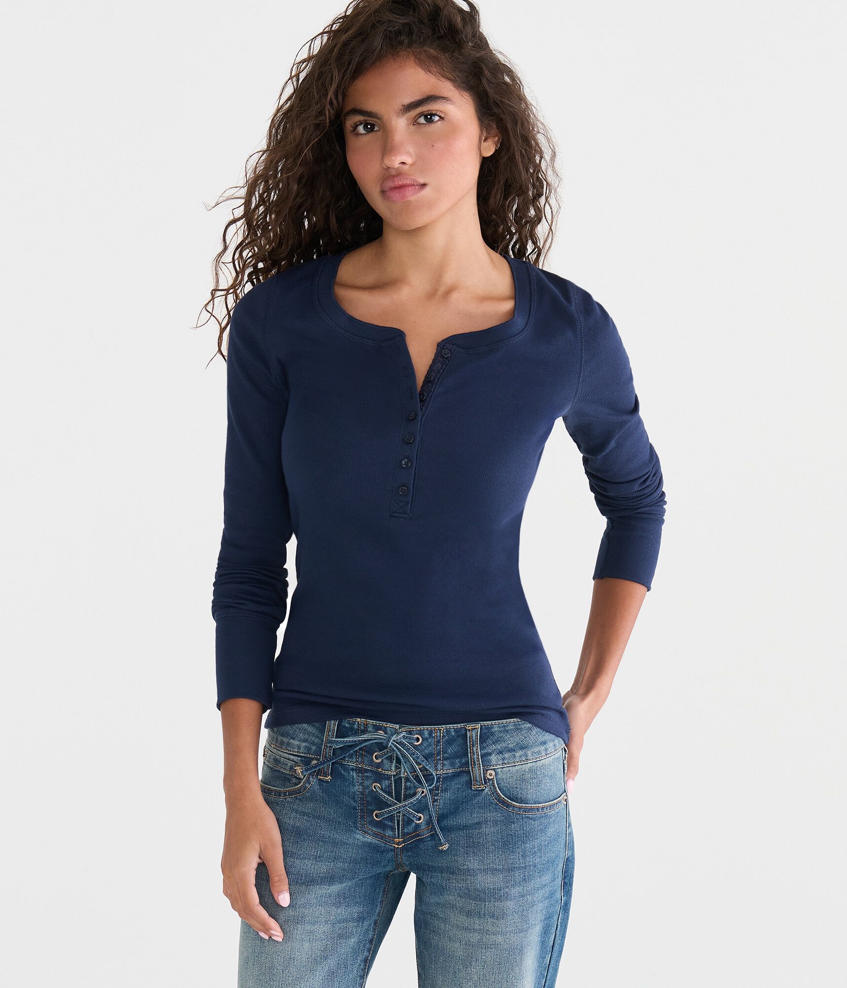 Long Sleeve Solid Ribbed Henley