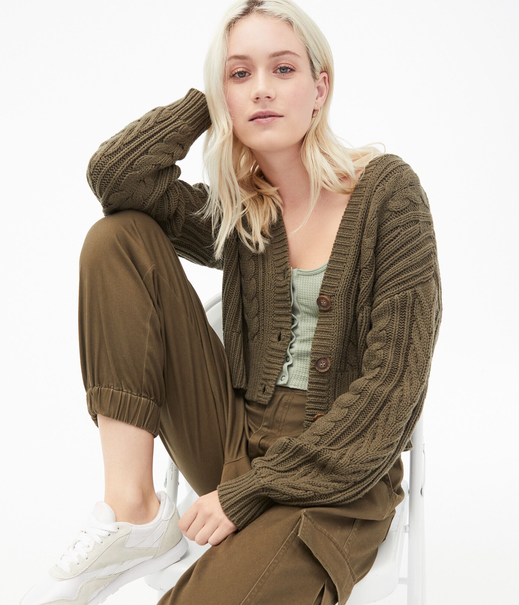 Cable-Knit Cropped V-Neck Cardigan