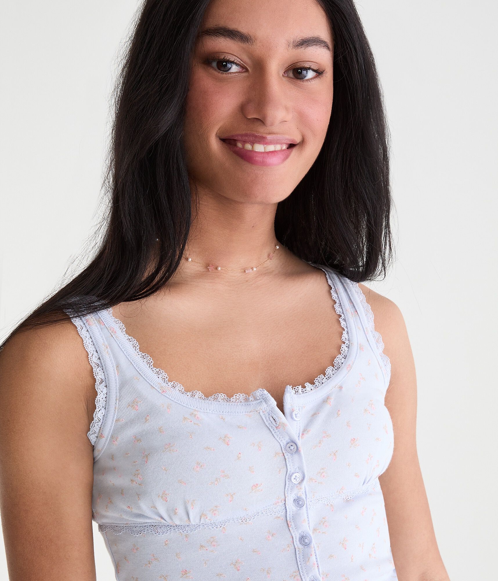 Seriously Soft Floral Lace-Trim Buttoned Tank Top
