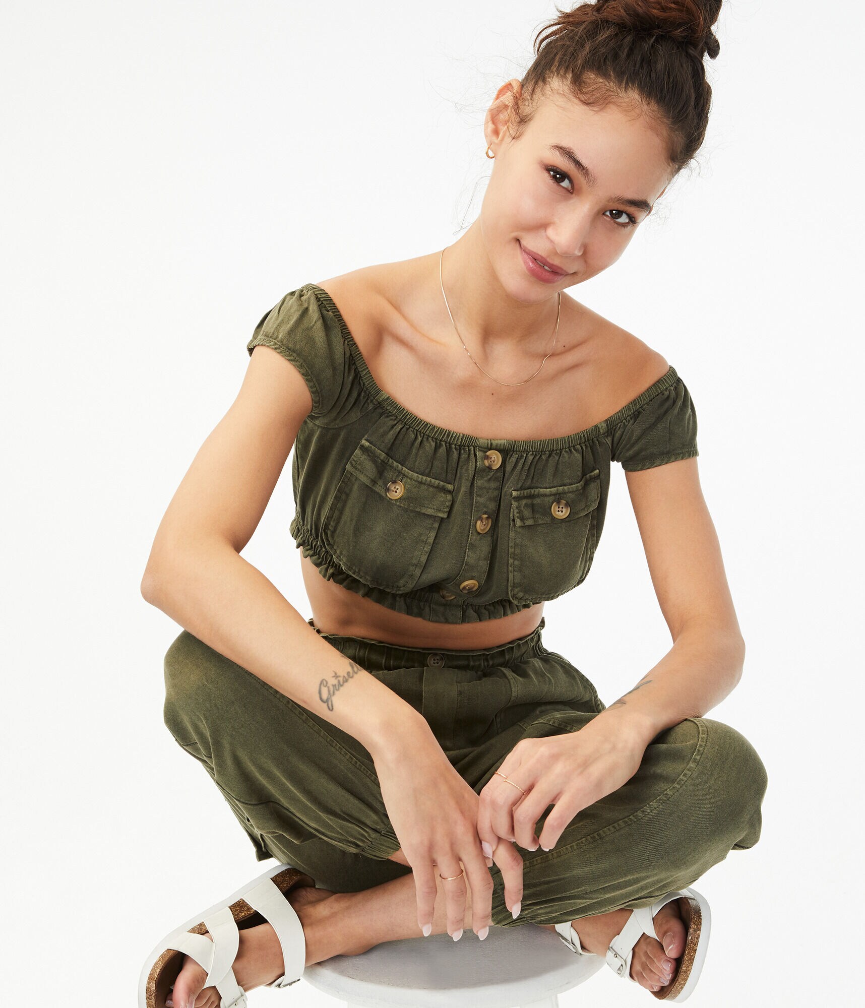 Buttoned Off-The-Shoulder Crop Top