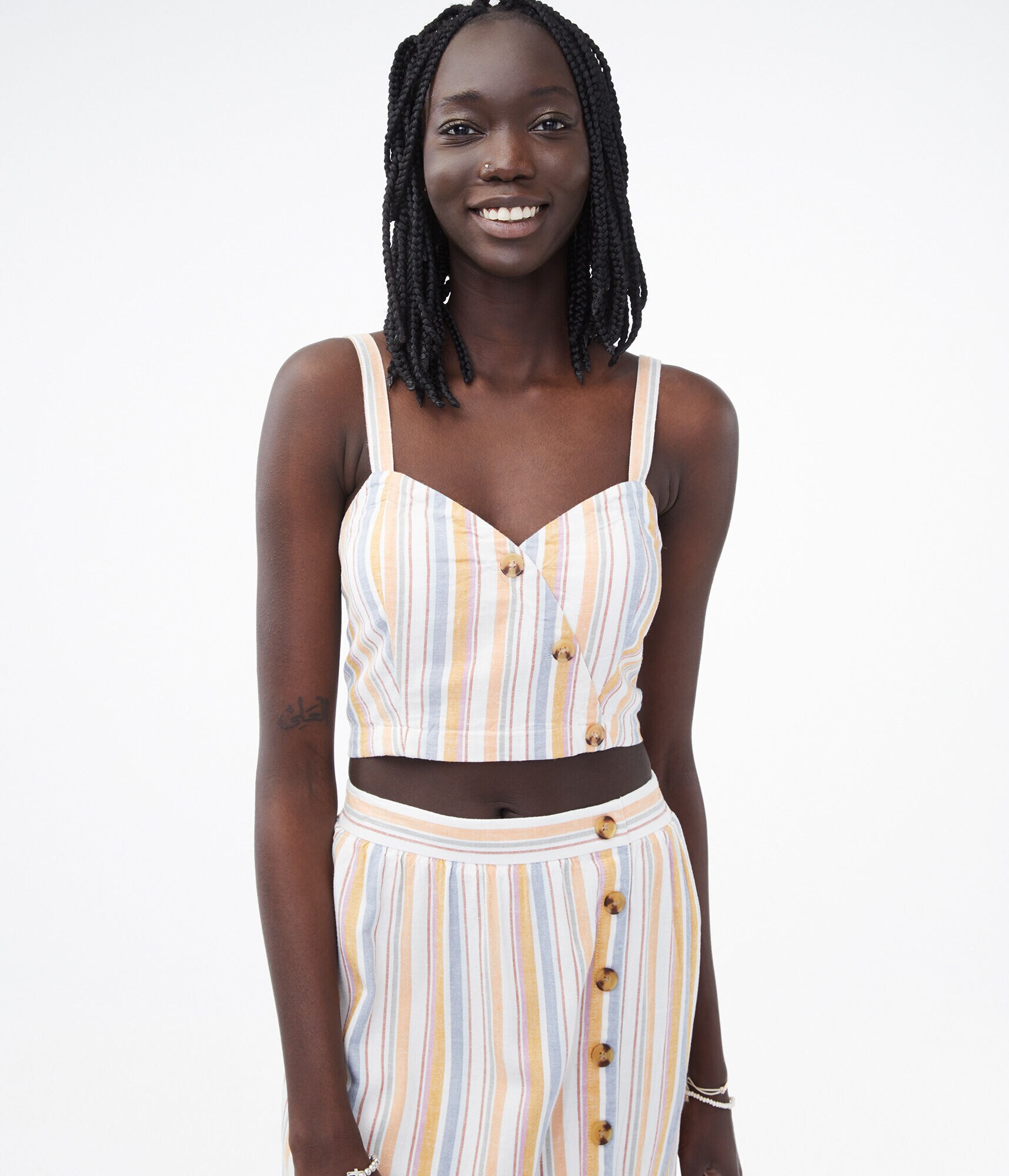 Striped Button-Front Cropped Tank