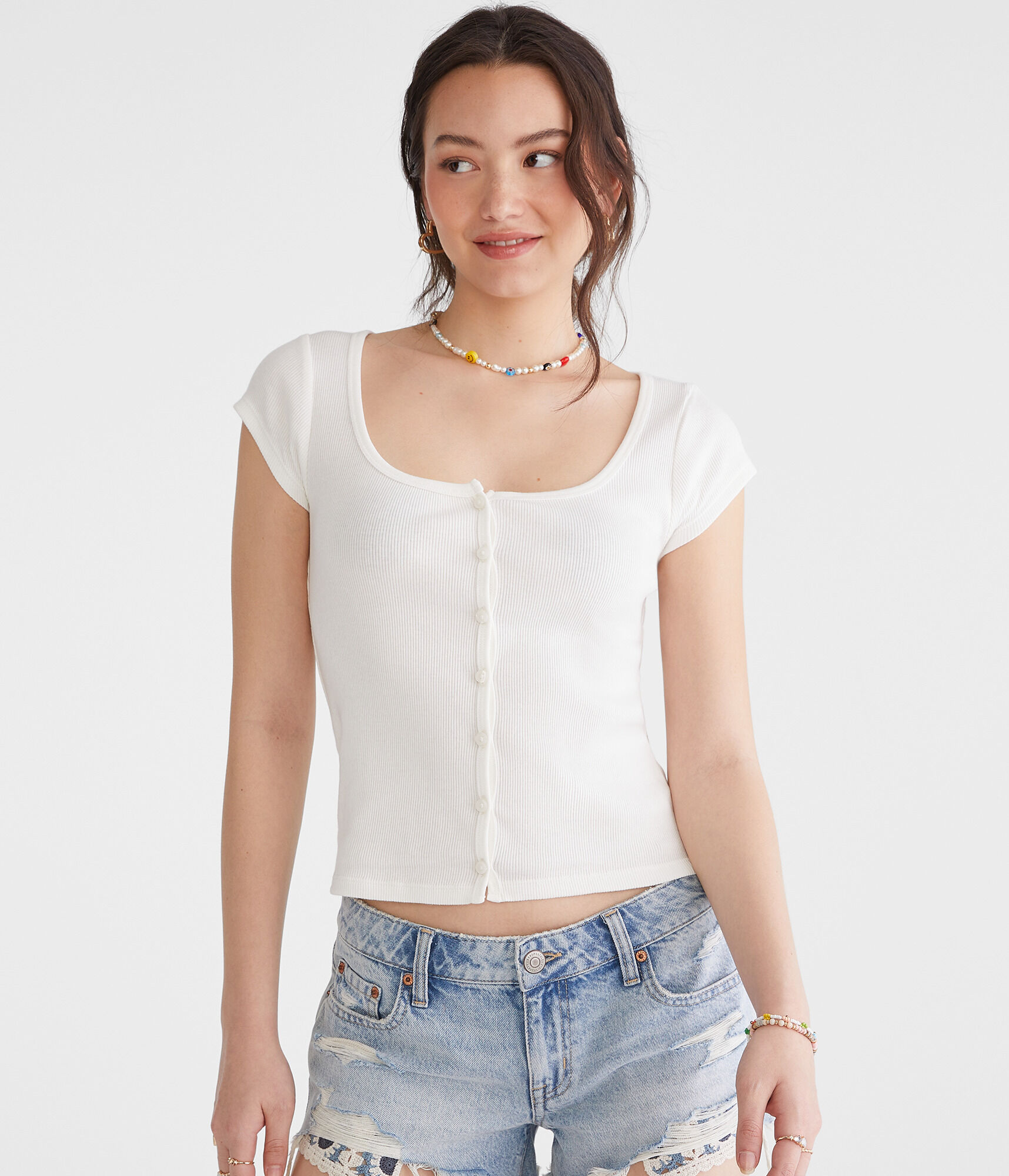 Seriously Soft Scoop-Neck Buttoned Tee