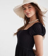 Solid Square-Neck Smocked Midi Dress