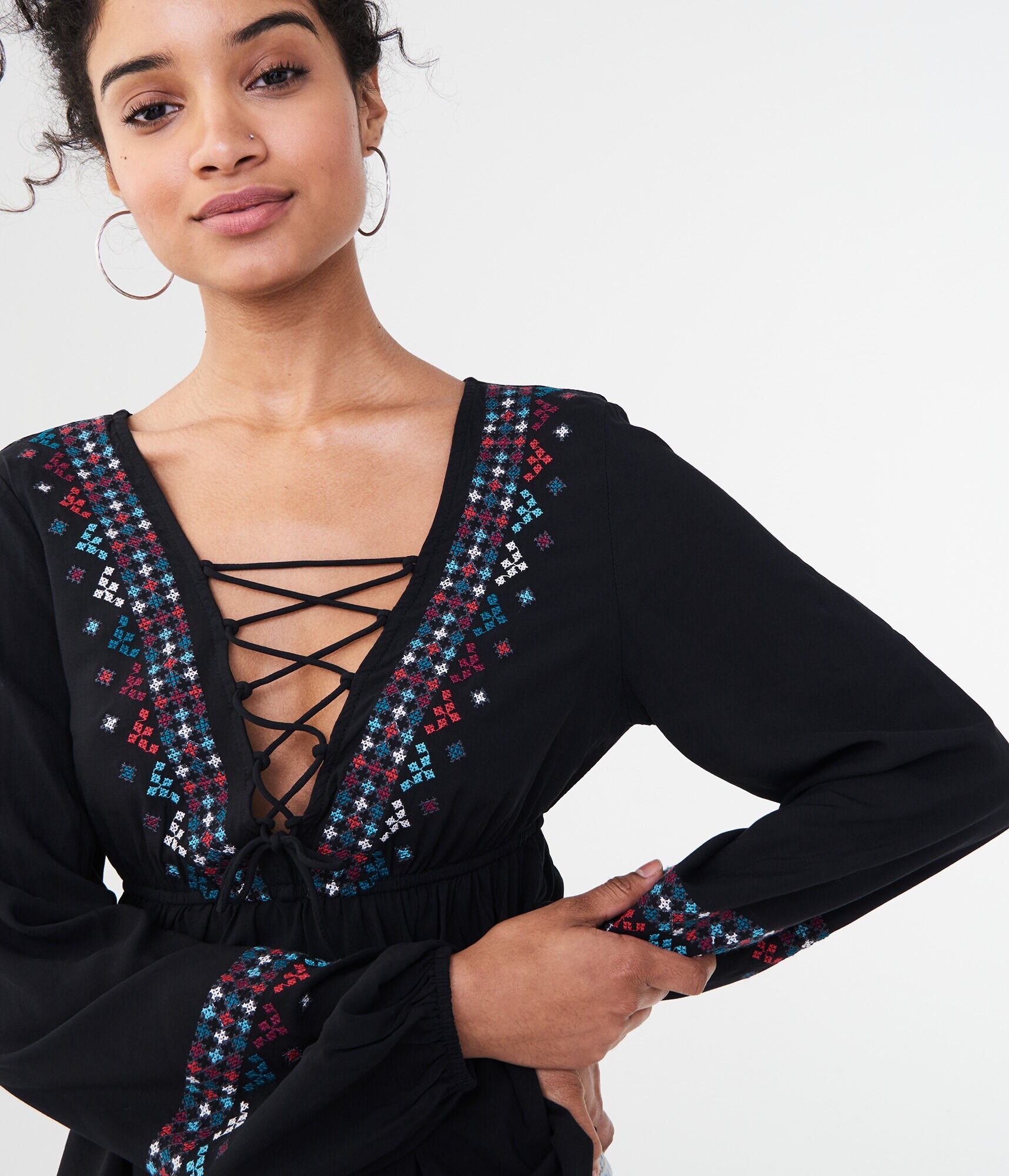 Long Sleeve Embroidered Lace-Up Peasant Top