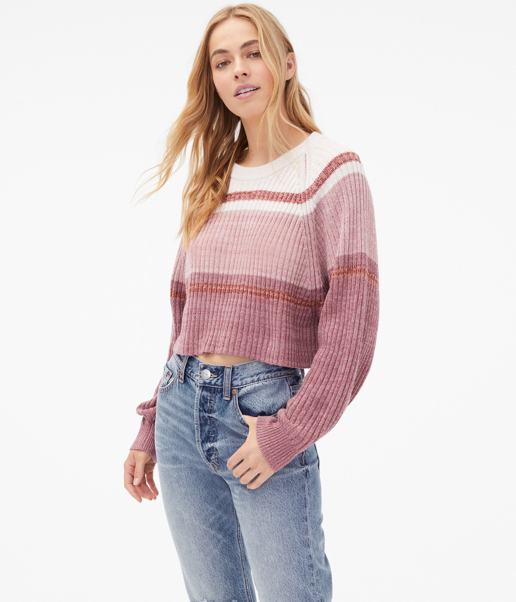Blocked Stripe Cropped Crew Sweater