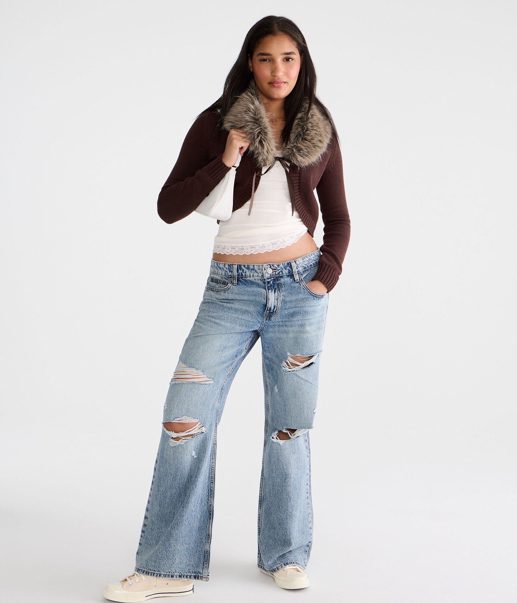 Long Sleeve Faux Fur-Trimmed Sweater Shrug