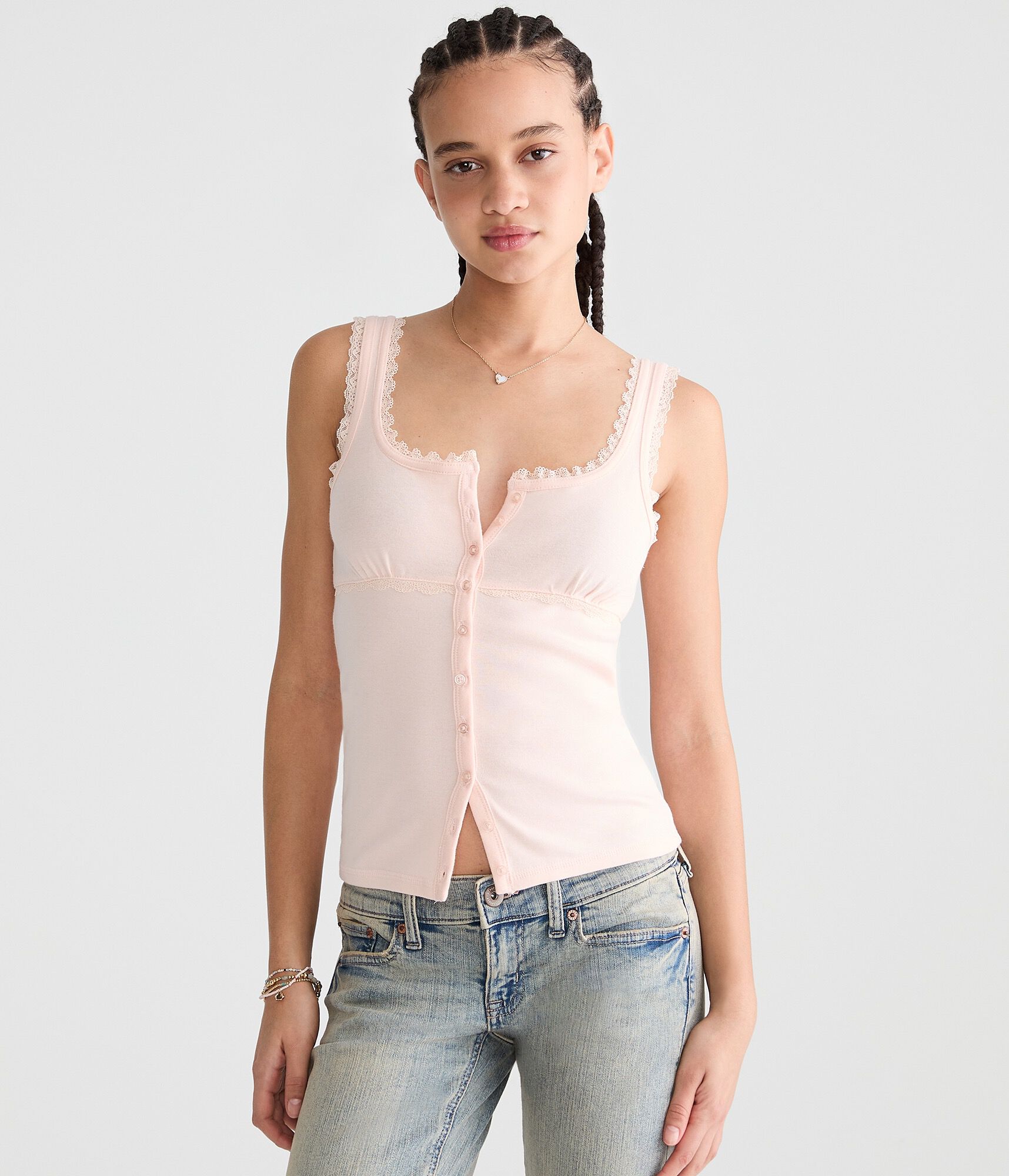 Seriously Soft Lace-Trim Buttoned Tank Top